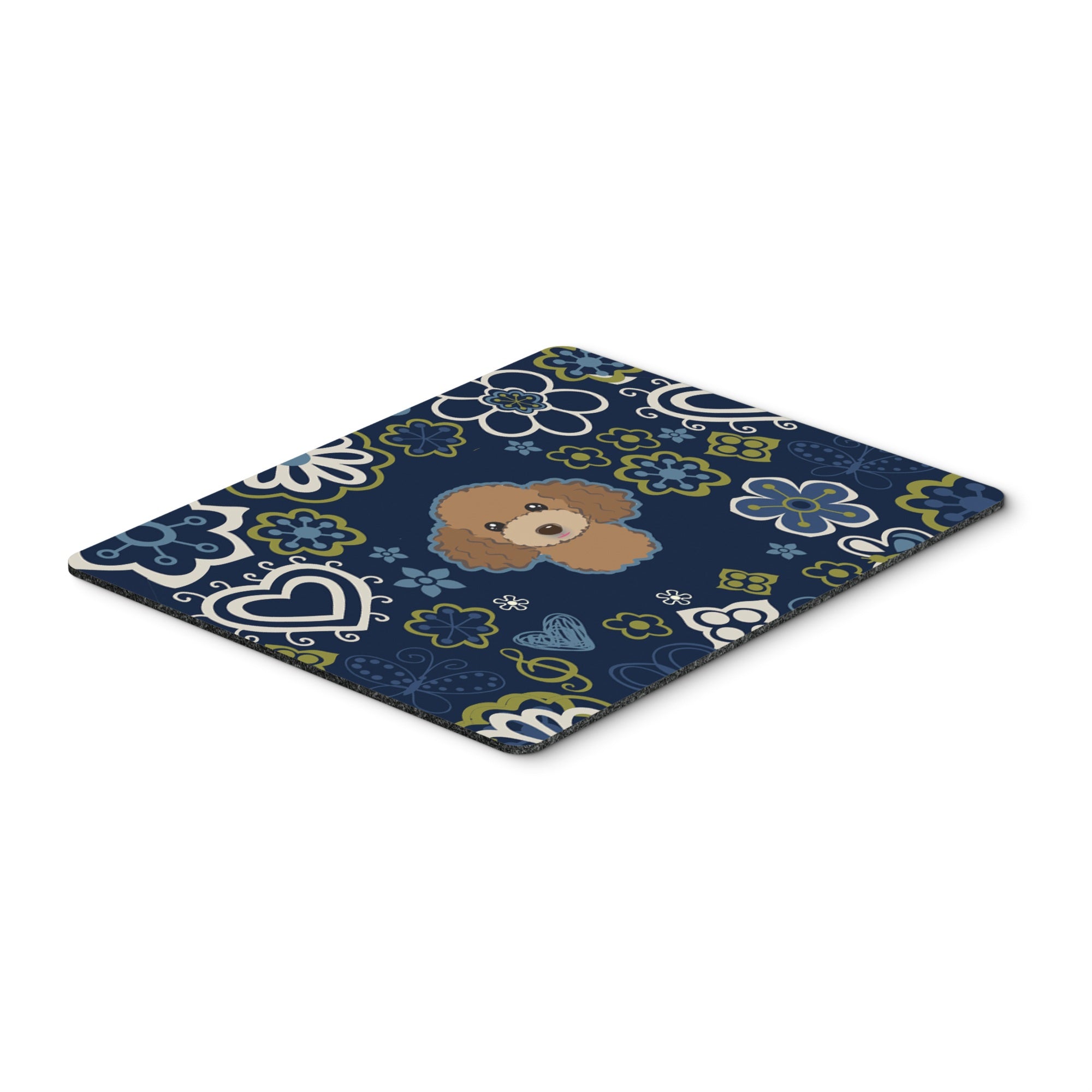 Blue Flowers Chocolate Brown Poodle Mouse Pad, Hot Pad Or Trivet