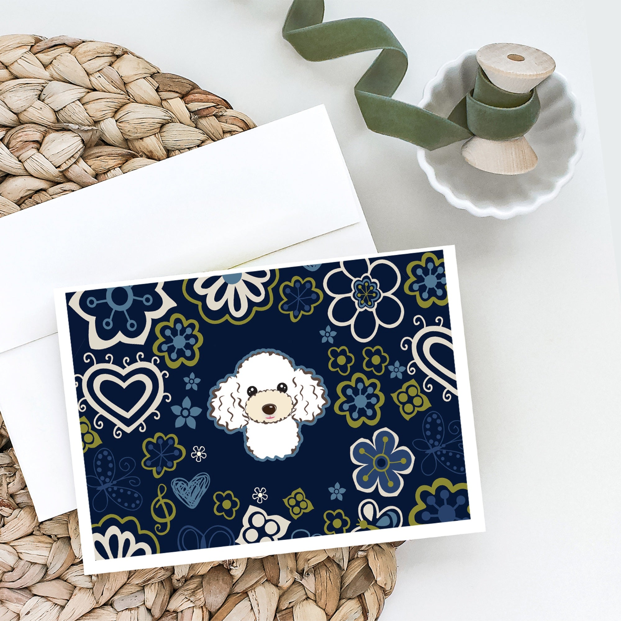 Blue Flowers White Poodle Greeting Cards And Envelopes Pack Of 8