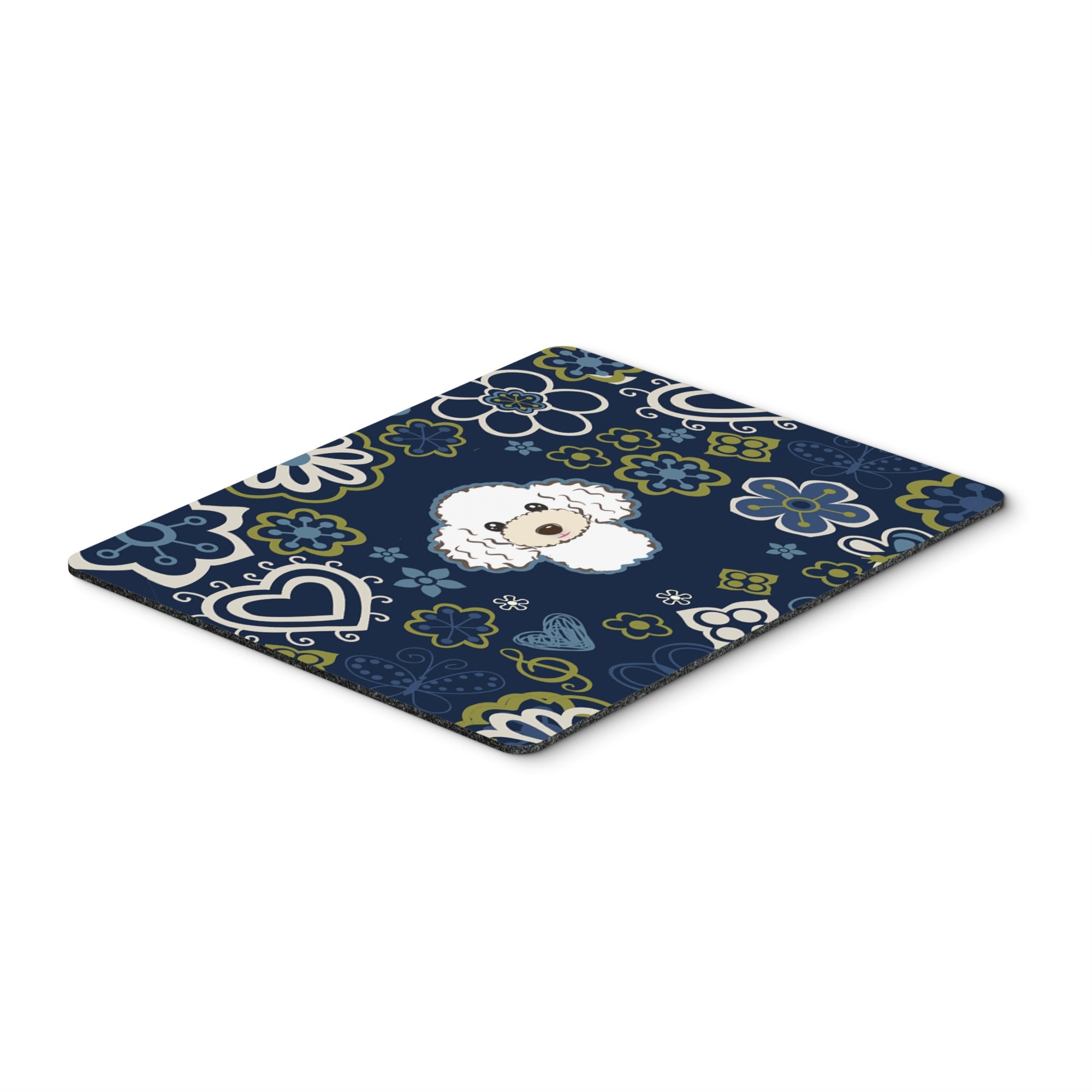 Blue Flowers White Poodle Mouse Pad, Hot Pad Or Trivet