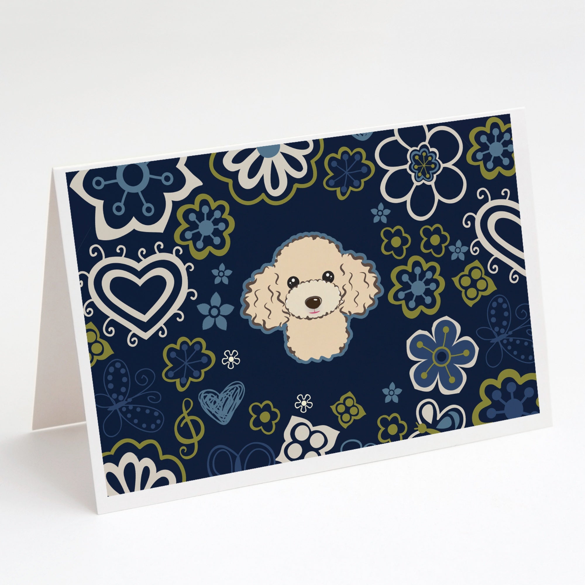 Blue Flowers Buff Poodle Greeting Cards And Envelopes Pack Of 8