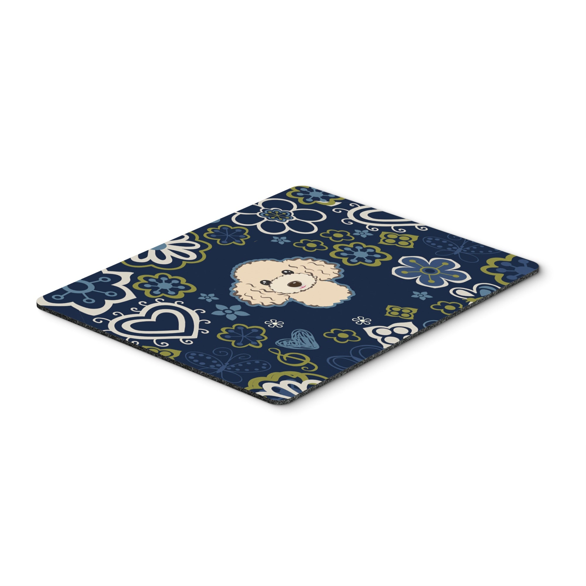 Blue Flowers Buff Poodle Mouse Pad, Hot Pad Or Trivet