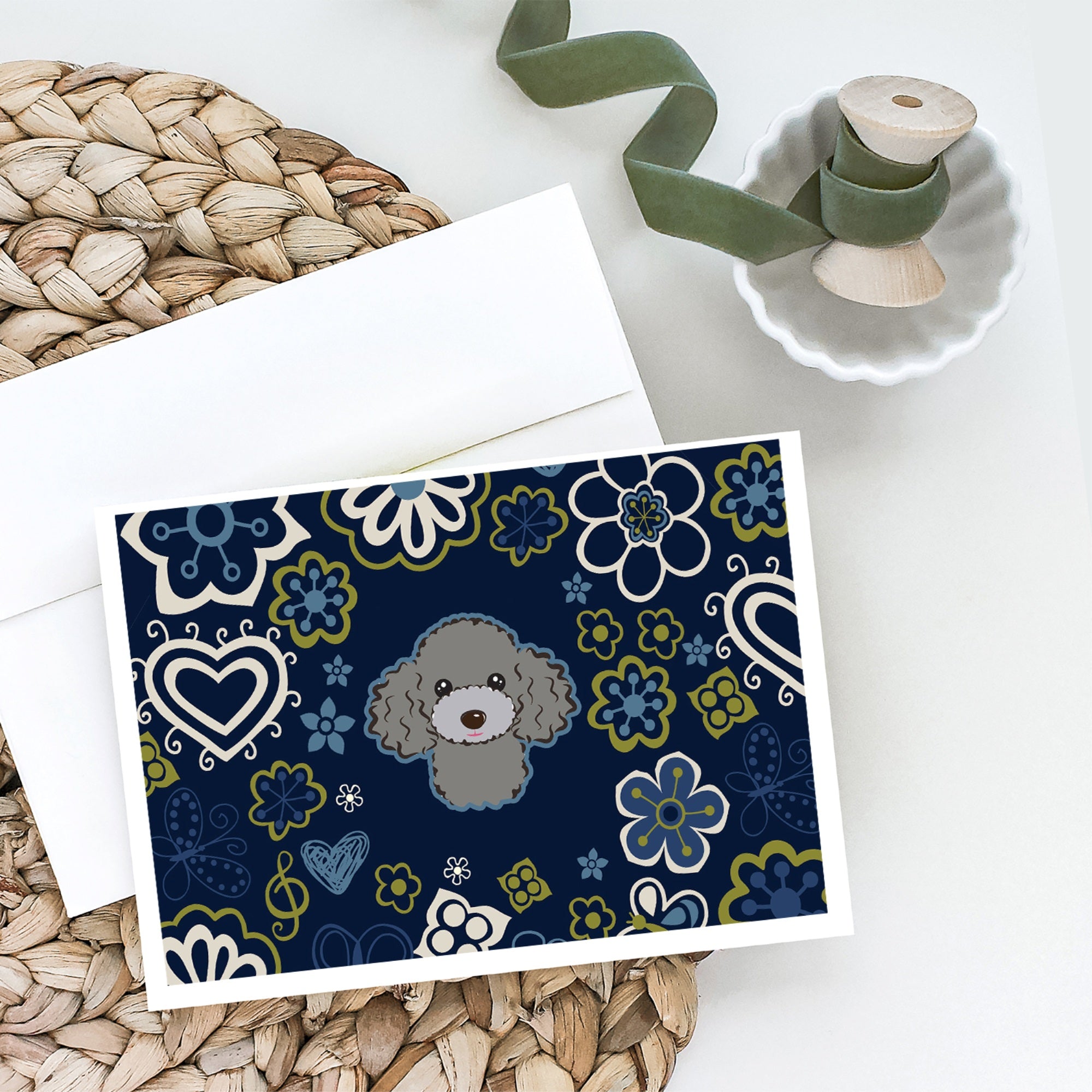 Blue Flowers Silver Gray Poodle Greeting Cards And Envelopes Pack Of 8