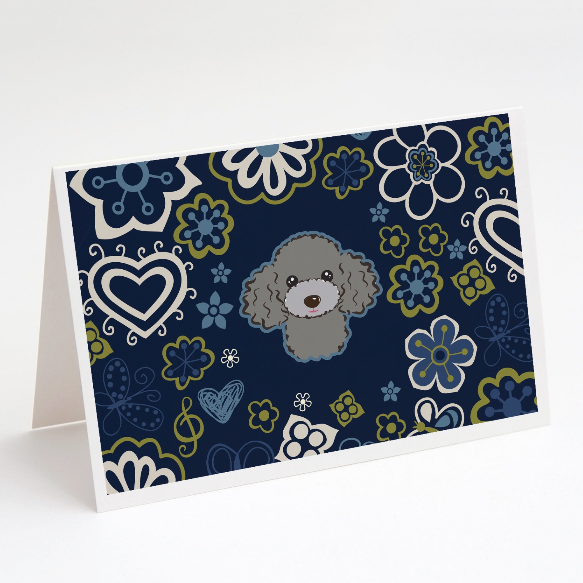 Blue Flowers Silver Gray Poodle Greeting Cards And Envelopes Pack Of 8