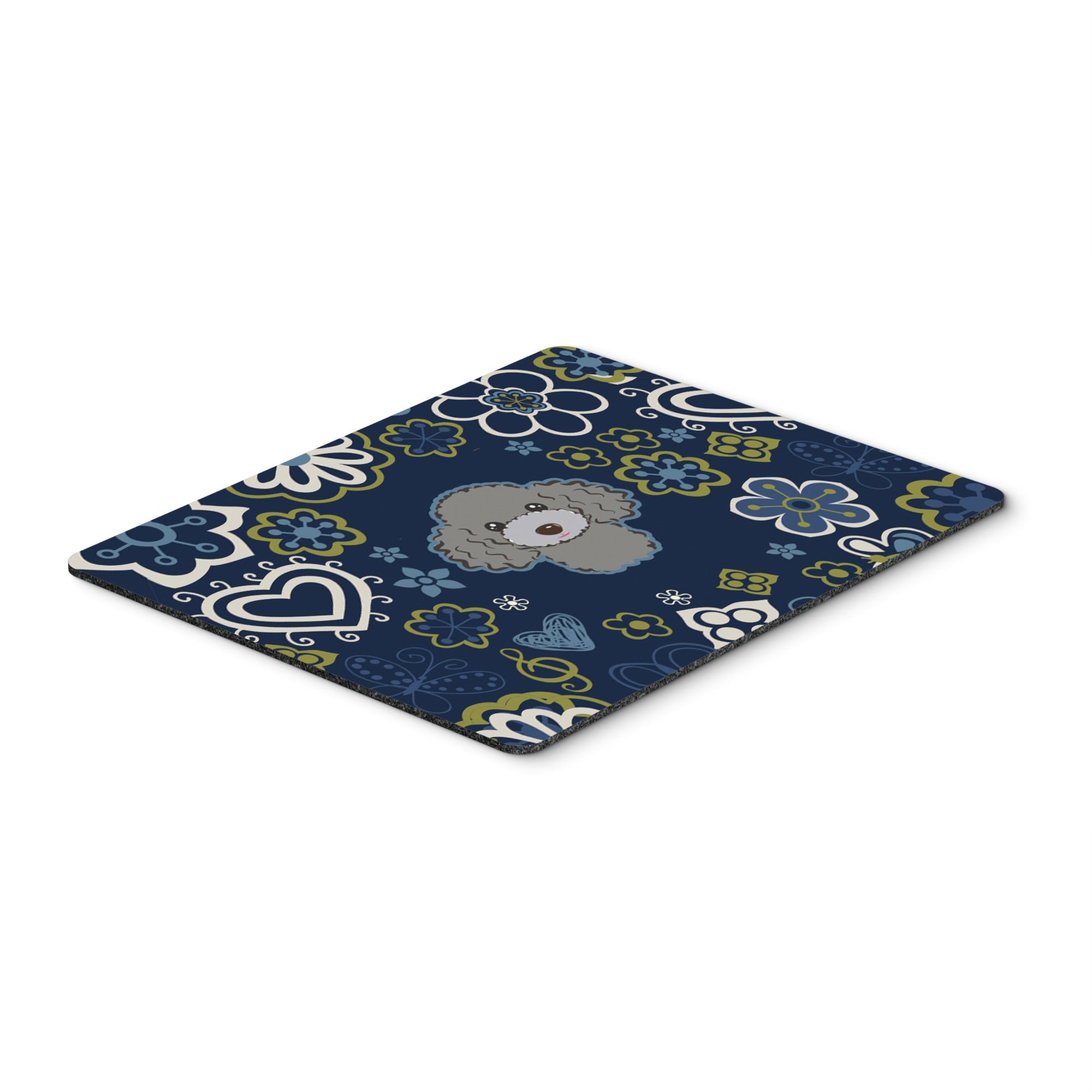 Blue Flowers Silver Gray Poodle Mouse Pad, Hot Pad Or Trivet