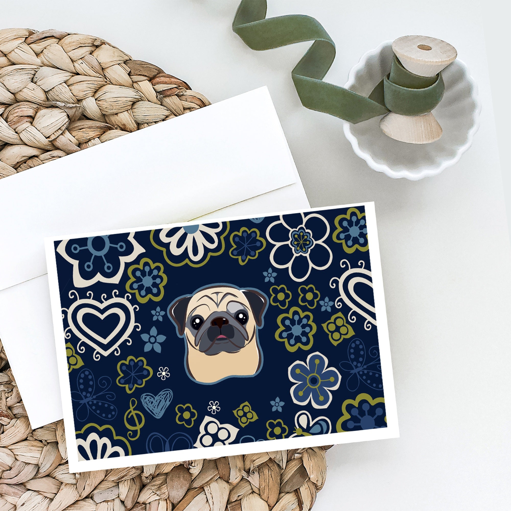 Blue Flowers Fawn Pug Greeting Cards And Envelopes Pack Of 8