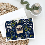 Blue Flowers Fawn Pug Greeting Cards And Envelopes Pack Of 8