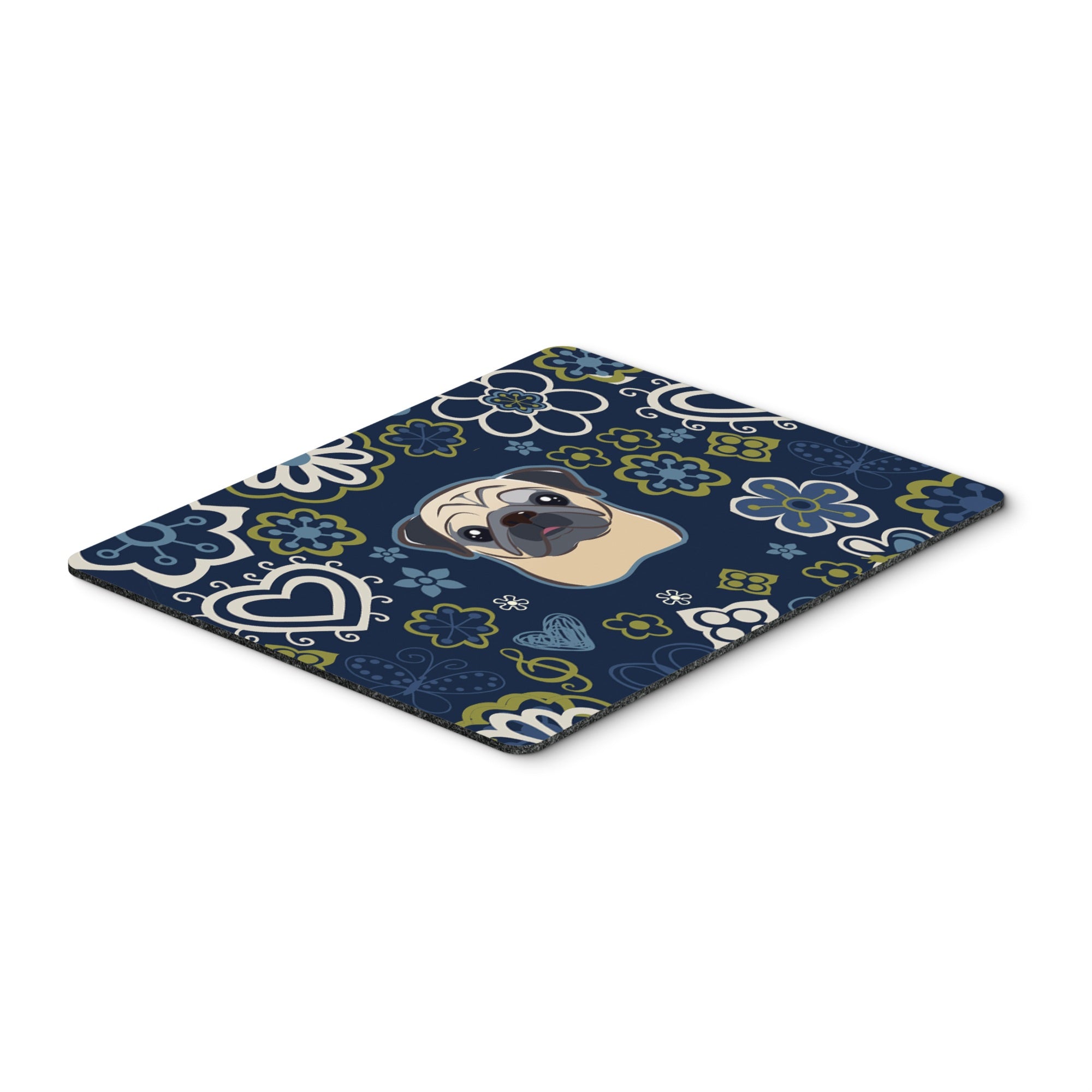 Blue Flowers Fawn Pug Mouse Pad, Hot Pad Or Trivet