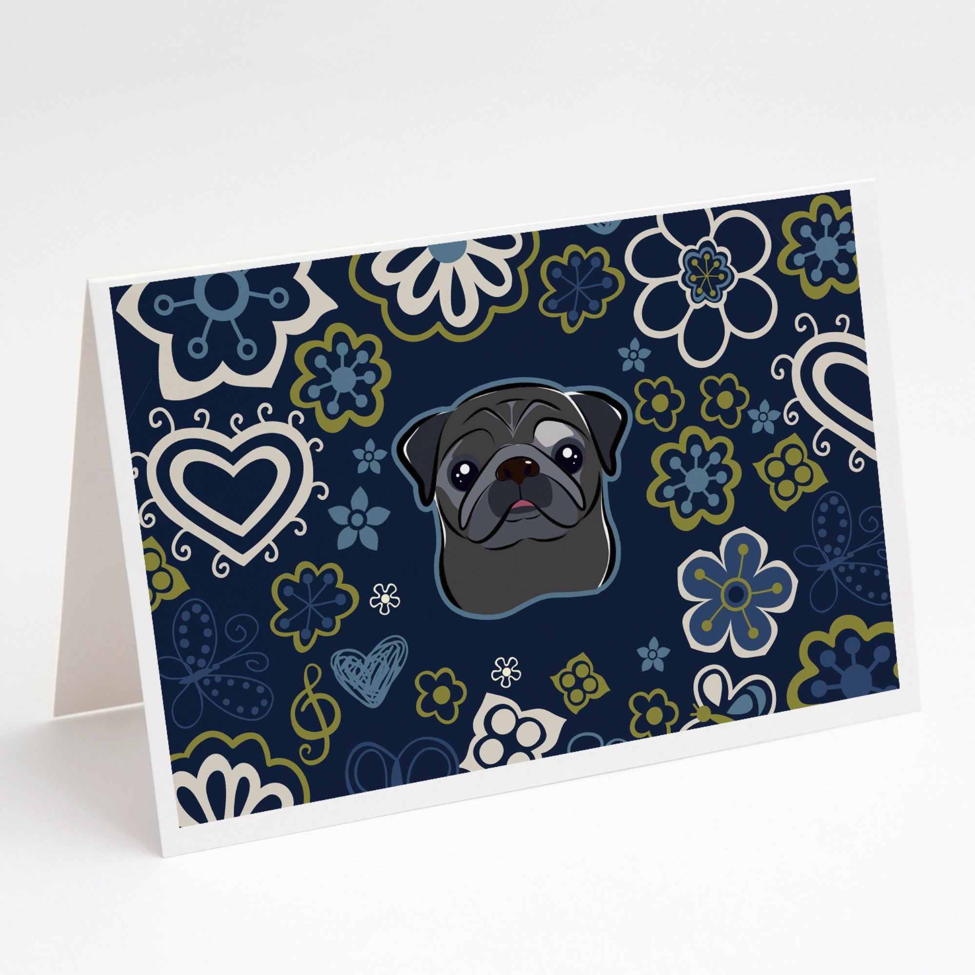 Blue Flowers Black Pug Greeting Cards And Envelopes Pack Of 8