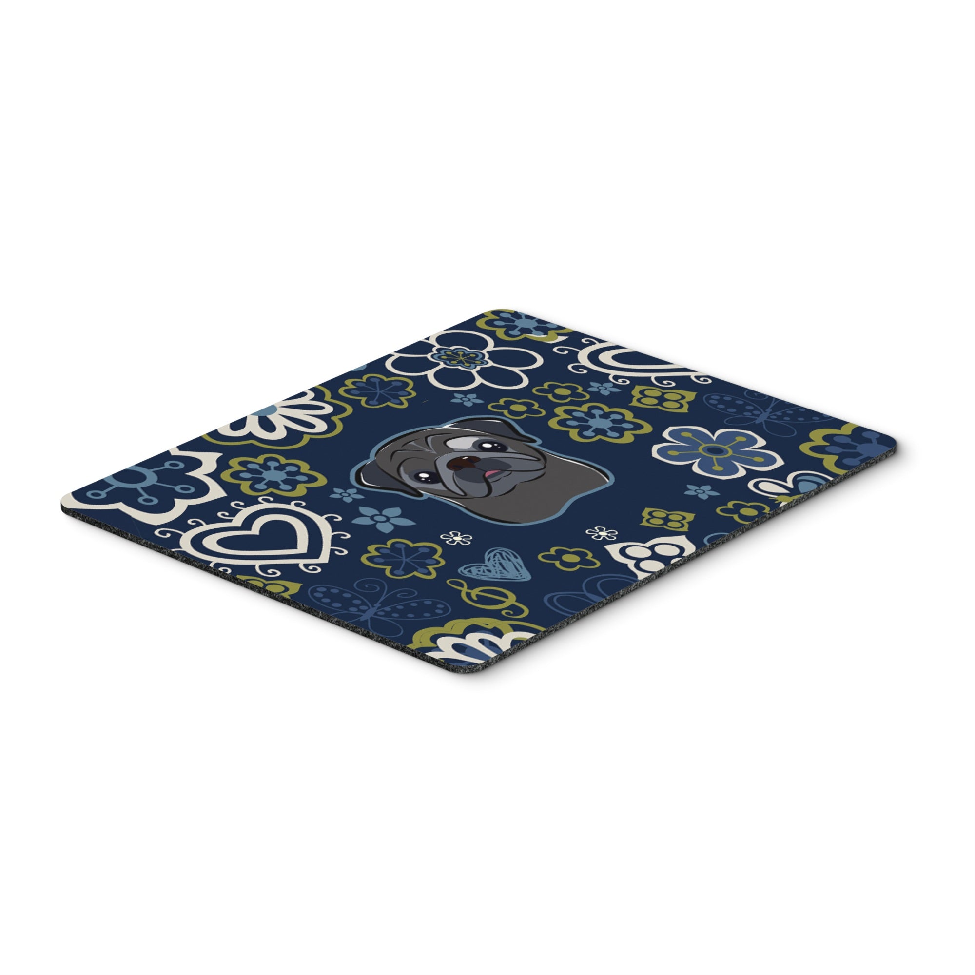 Blue Flowers Black Pug Mouse Pad, Hot Pad Or Trivet