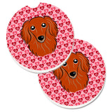Caroline'S Treasures Longhair Red Dachshund Hearts Set Of 2 Cup Holder Car Coasters, 2.56, Multicolor