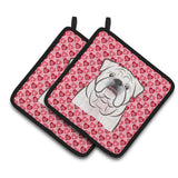 Caroline'S Treasures White English Bulldog Hearts Pair Of Pot Holders, 7.5Hx7.5W, Multicolor