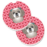 Caroline'S Treasures Gray Silver Shih Tzu Hearts Set Of 2 Cup Holder Car Coasters, 2.56, Multicolor