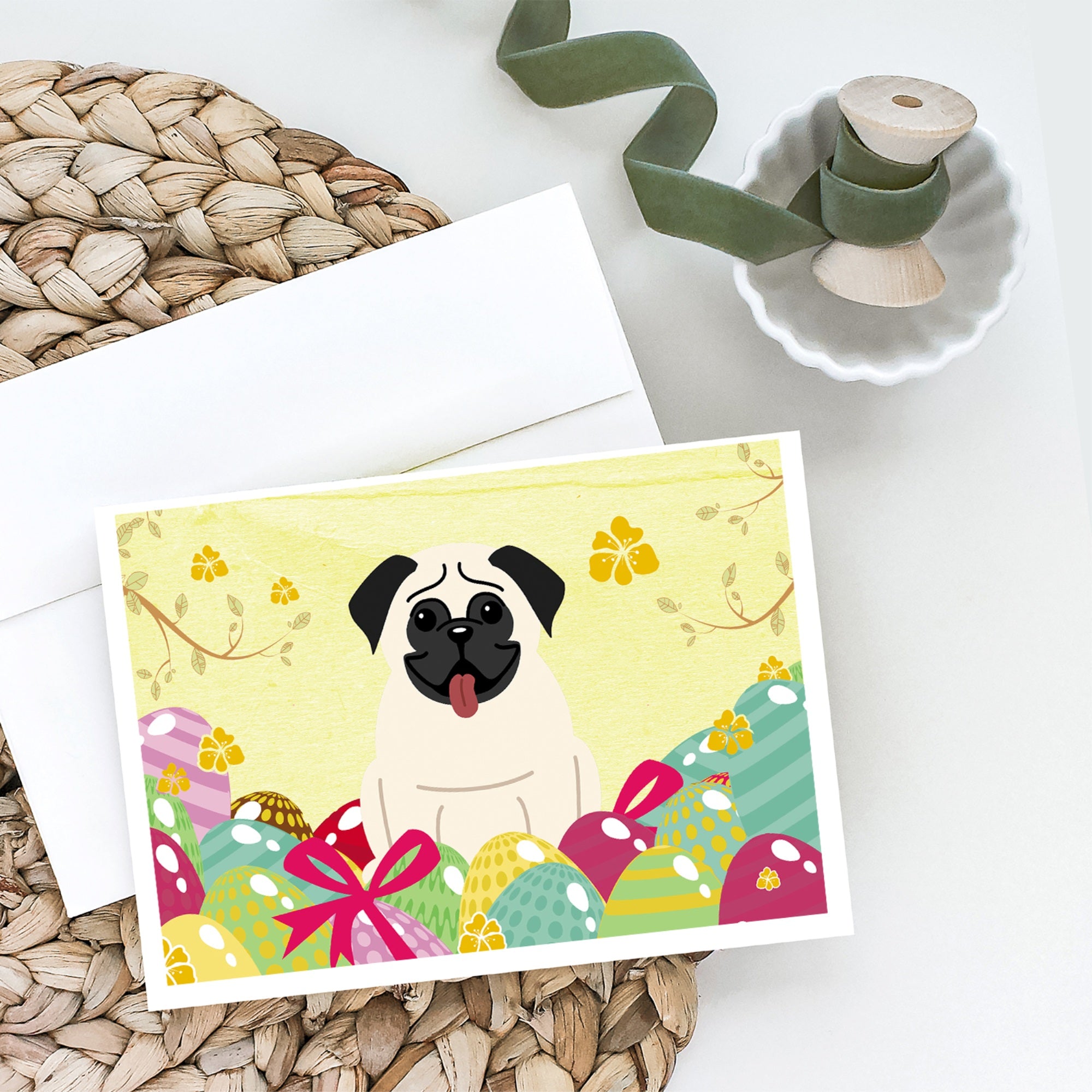 Easter Eggs Pug Cream Greeting Cards And Envelopes Pack Of 8