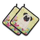 Caroline'S Treasures Easter Eggs Pug Cream Pair Of Pot Holders, 7.5Hx7.5W, Multicolor