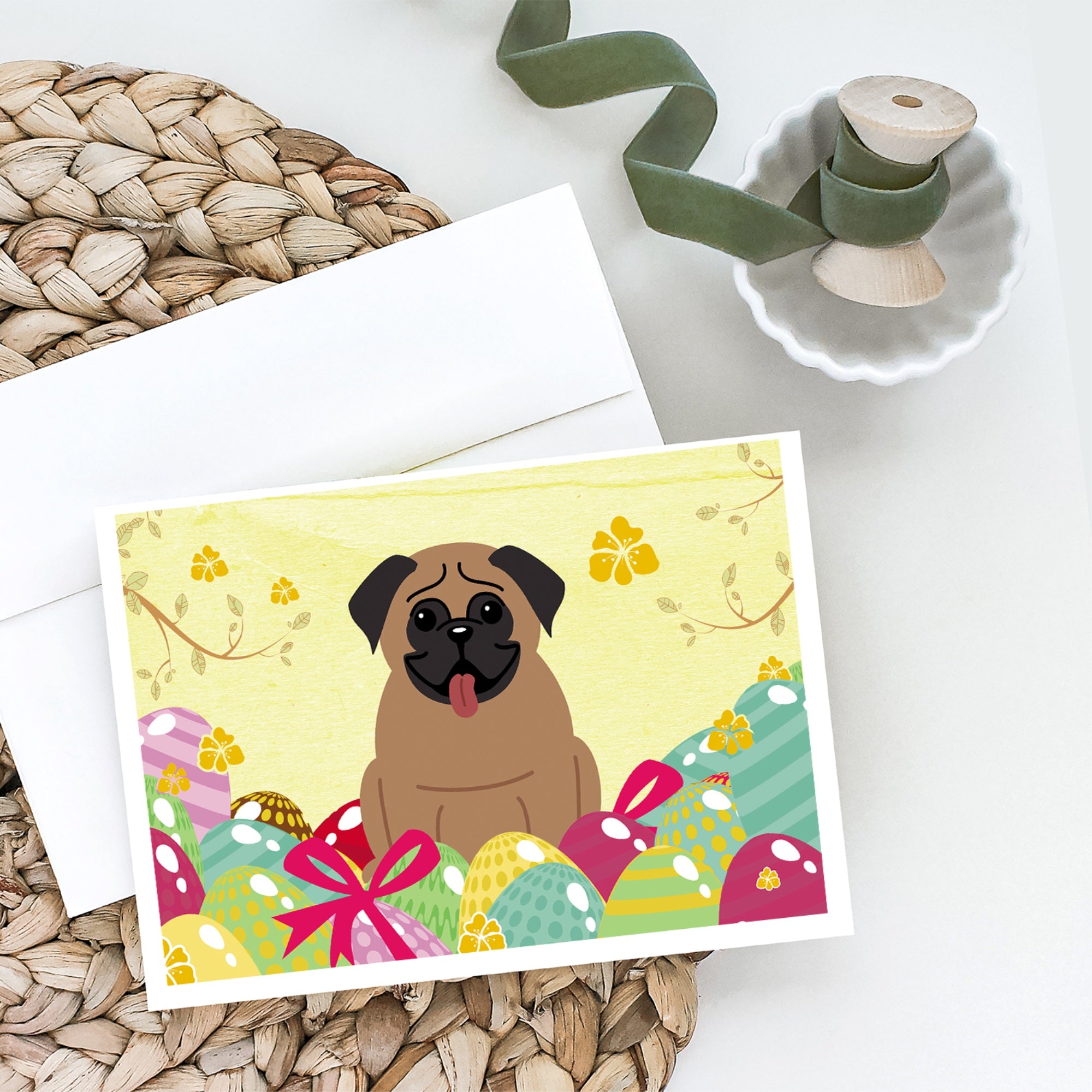 Easter Eggs Pug Brown Greeting Cards And Envelopes Pack Of 8