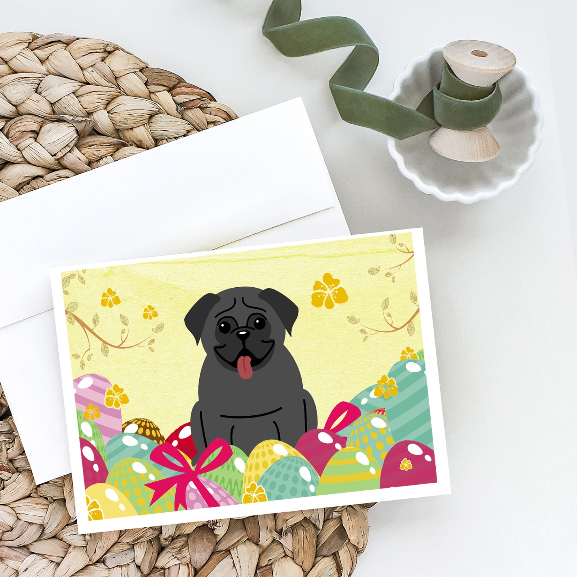 Easter Eggs Pug Black Greeting Cards And Envelopes Pack Of 8