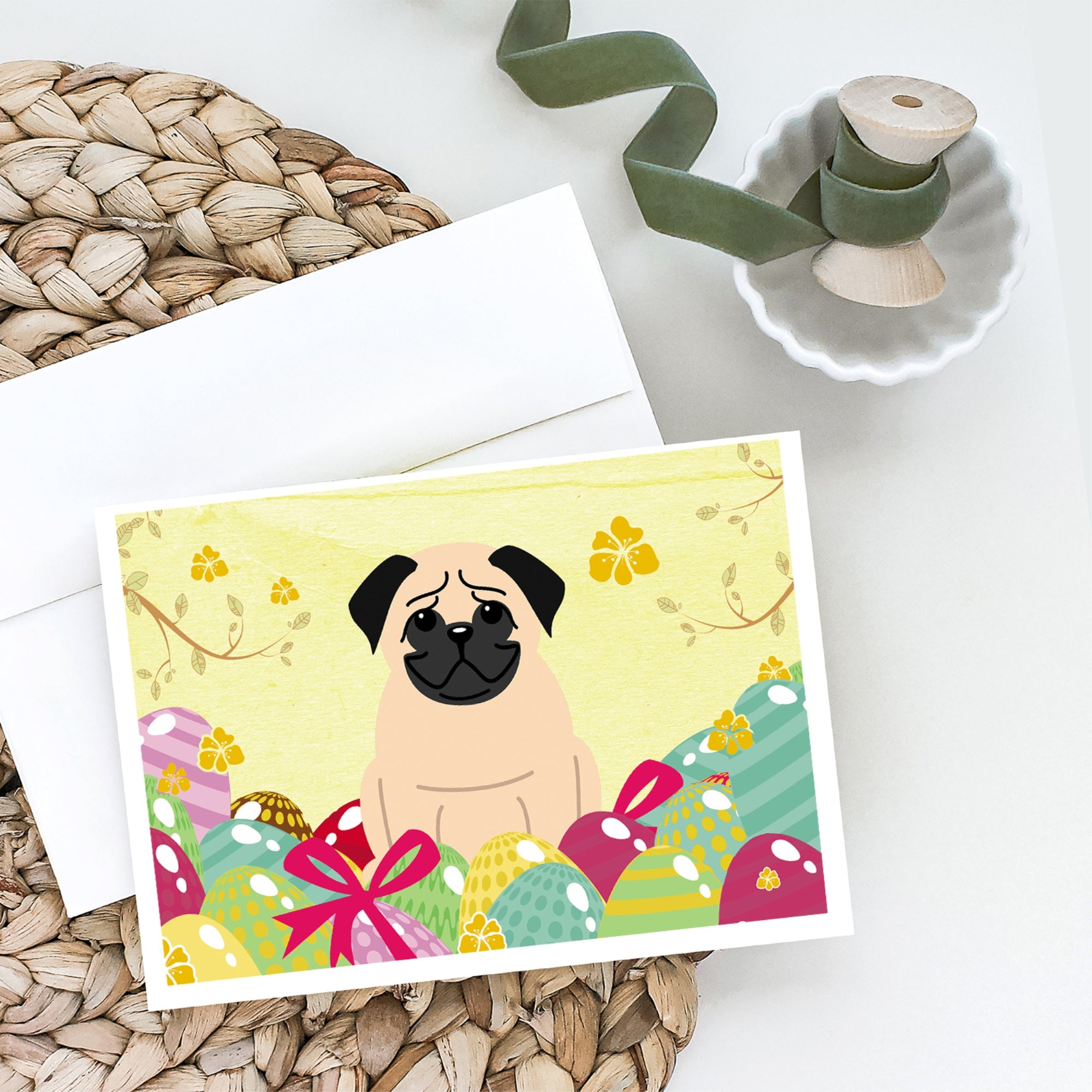 Easter Eggs Pug Fawn Greeting Cards And Envelopes Pack Of 8