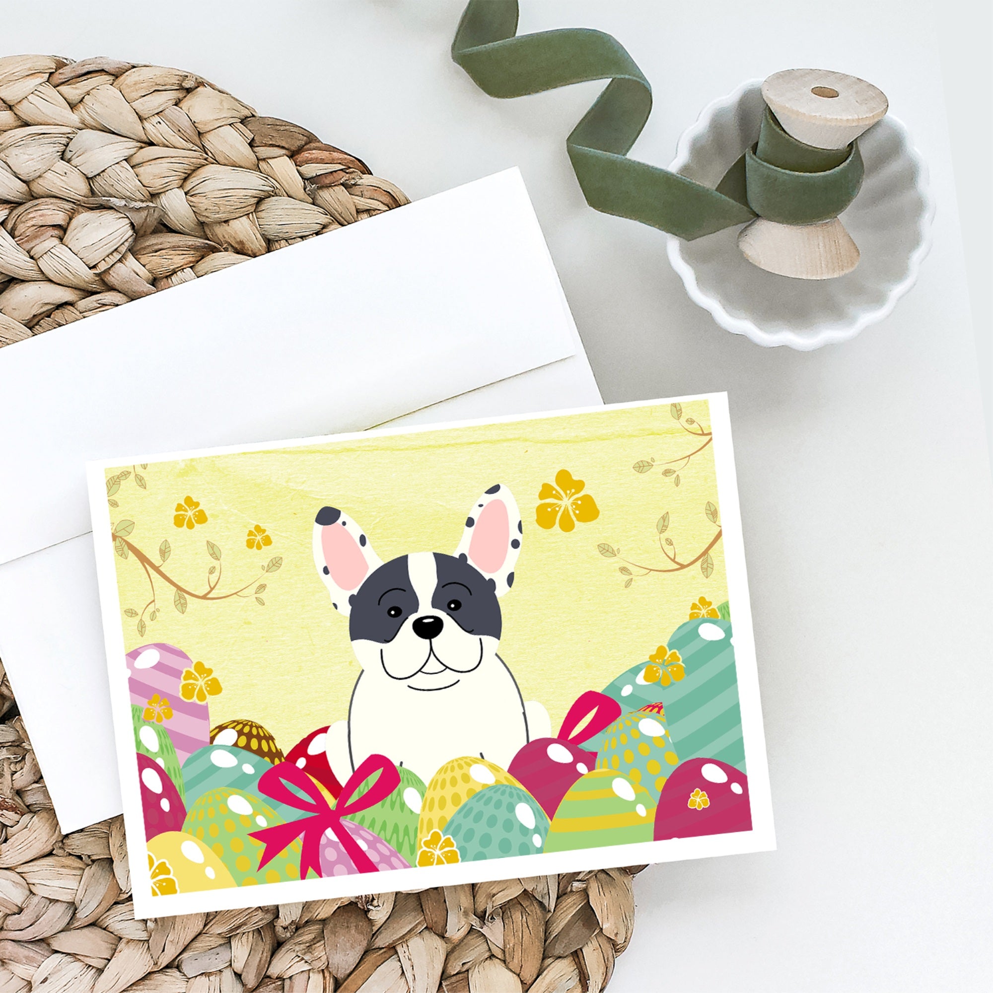 Easter Eggs French Bulldog Piebald Greeting Cards And Envelopes Pack Of 8