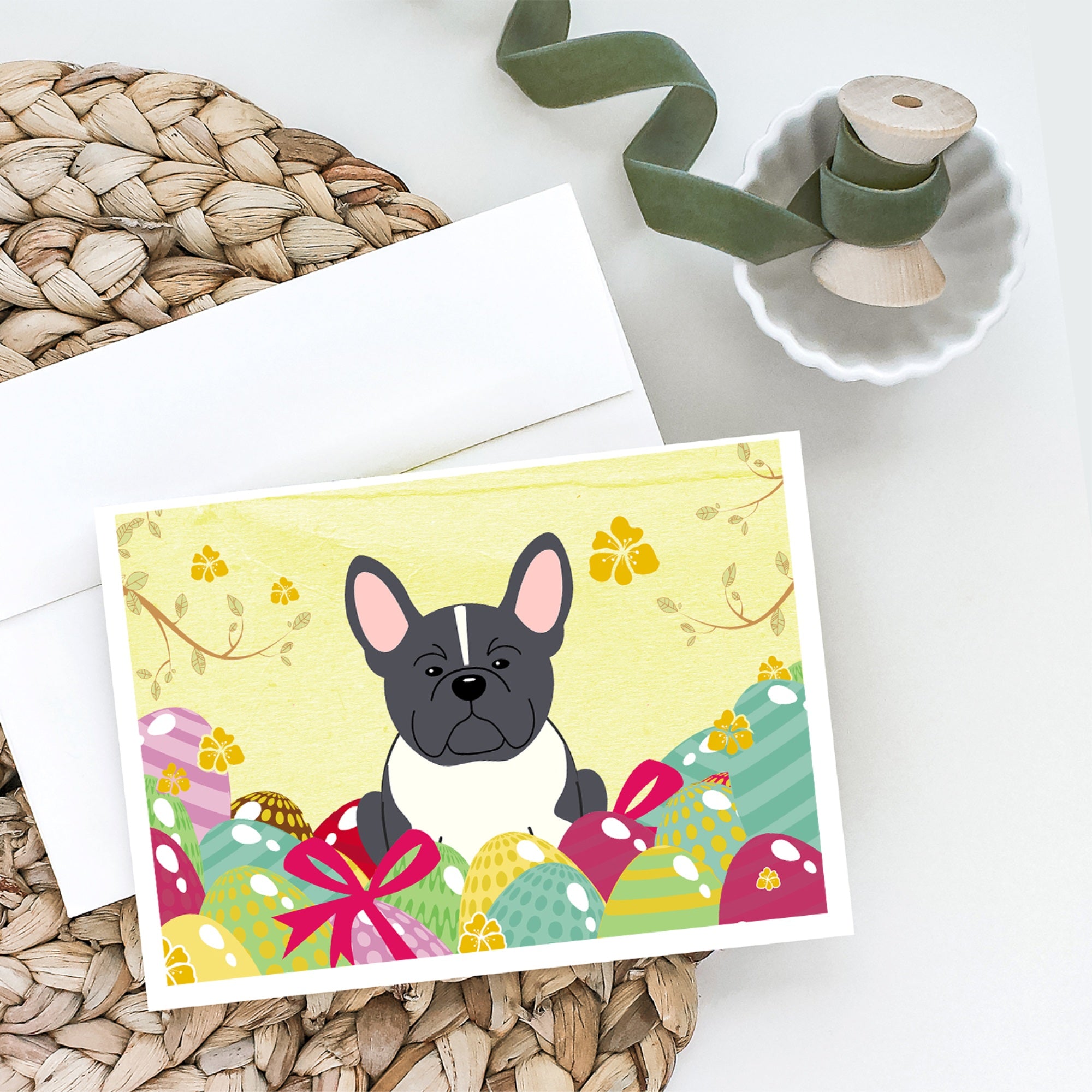 Easter Eggs French Bulldog Black White Greeting Cards And Envelopes Pack Of 8