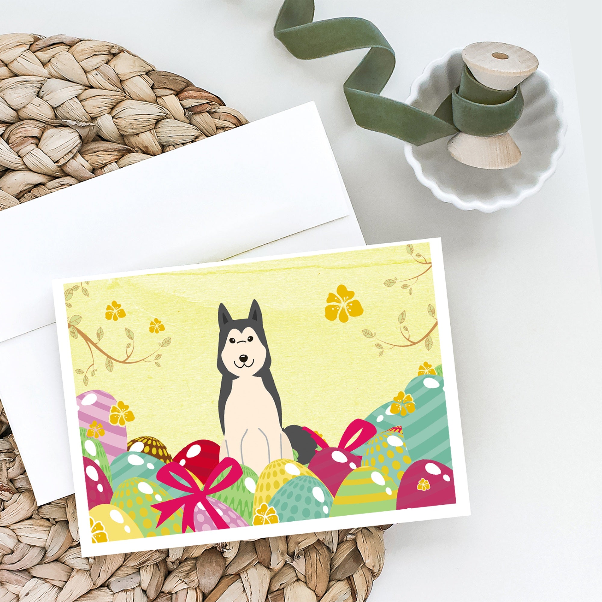 Easter Eggs West Siberian Laika Spitz Greeting Cards And Envelopes Pack Of 8