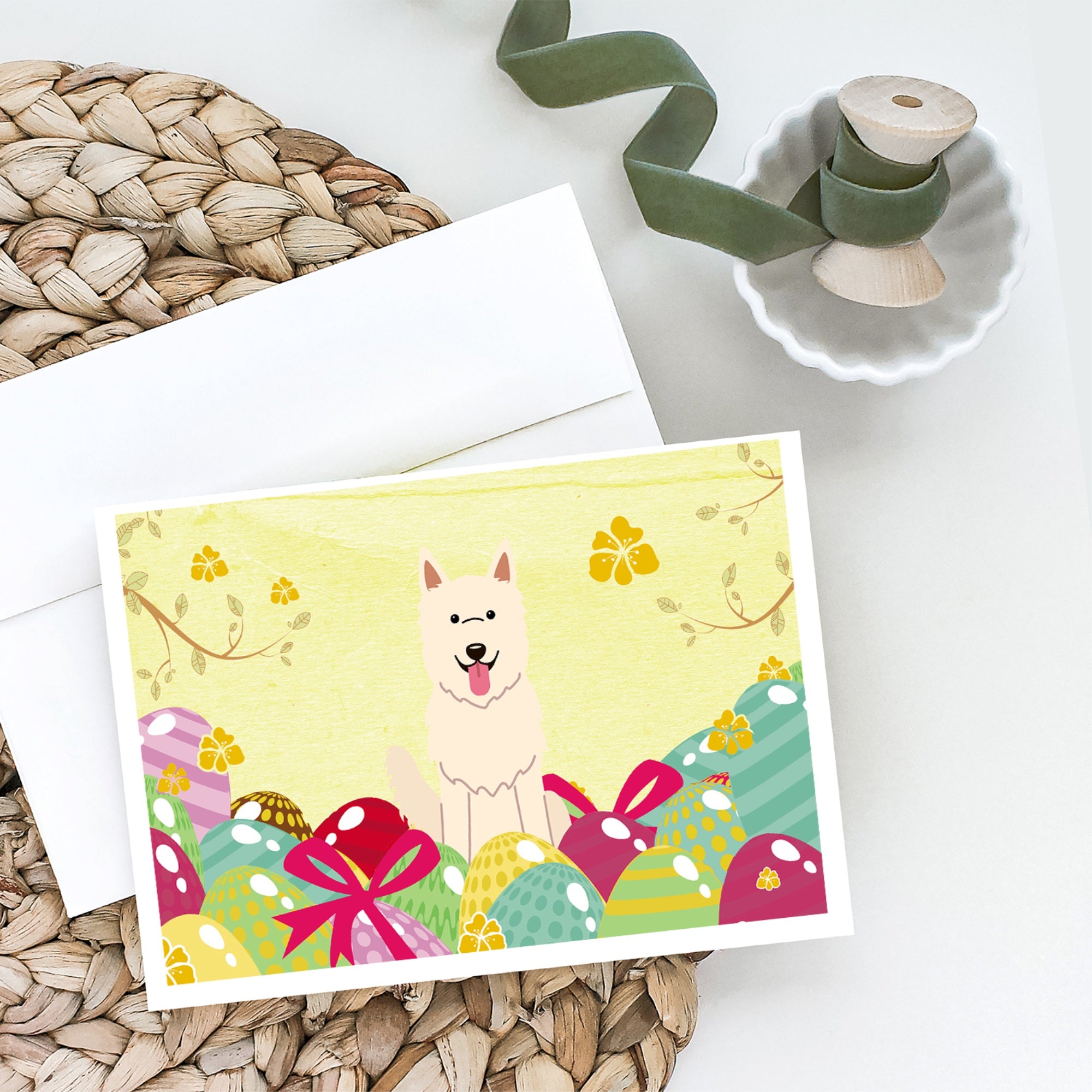 Easter Eggs White German Shepherd Greeting Cards And Envelopes Pack Of 8