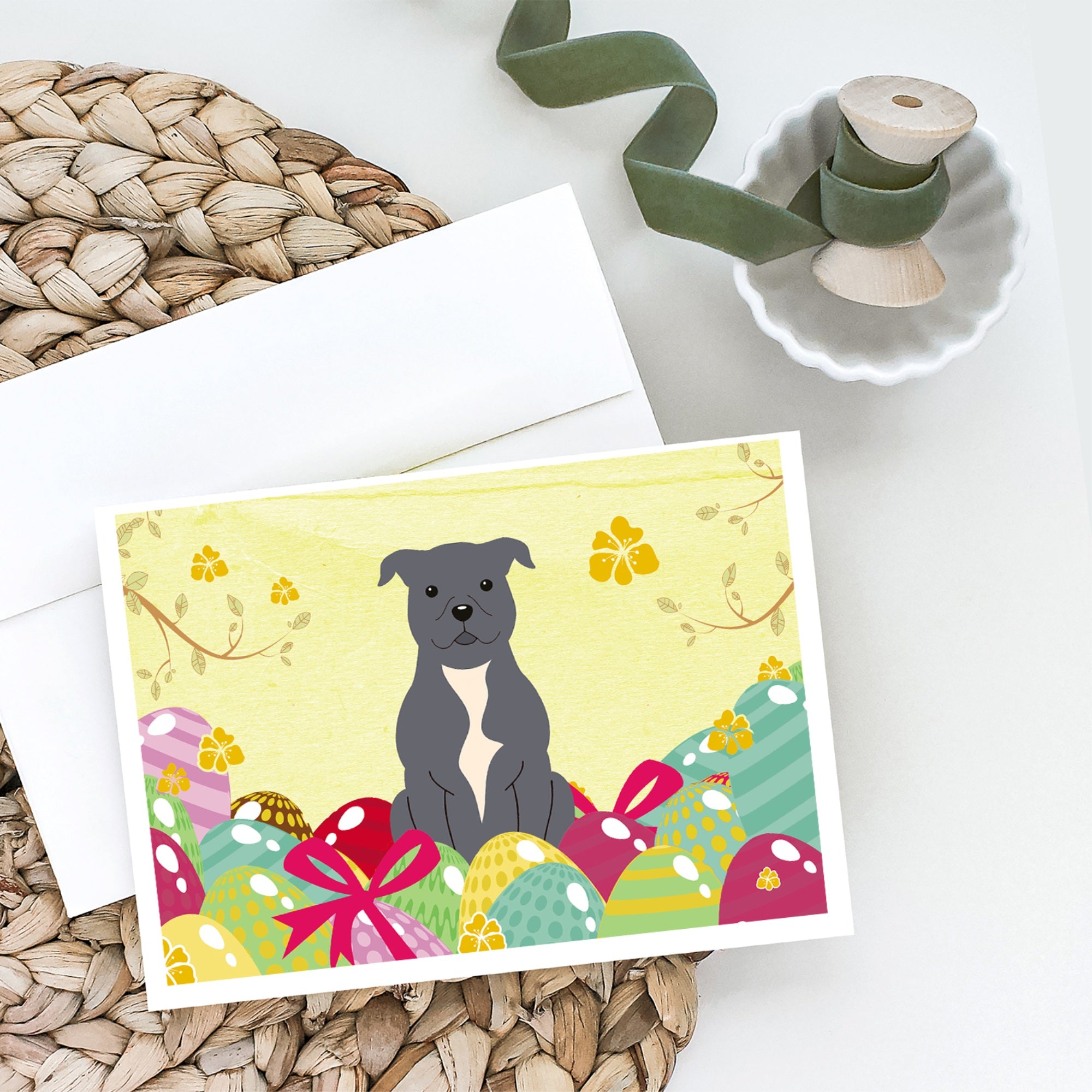 Easter Eggs Staffordshire Bull Terrier Blue Greeting Cards And Envelopes Pack Of 8