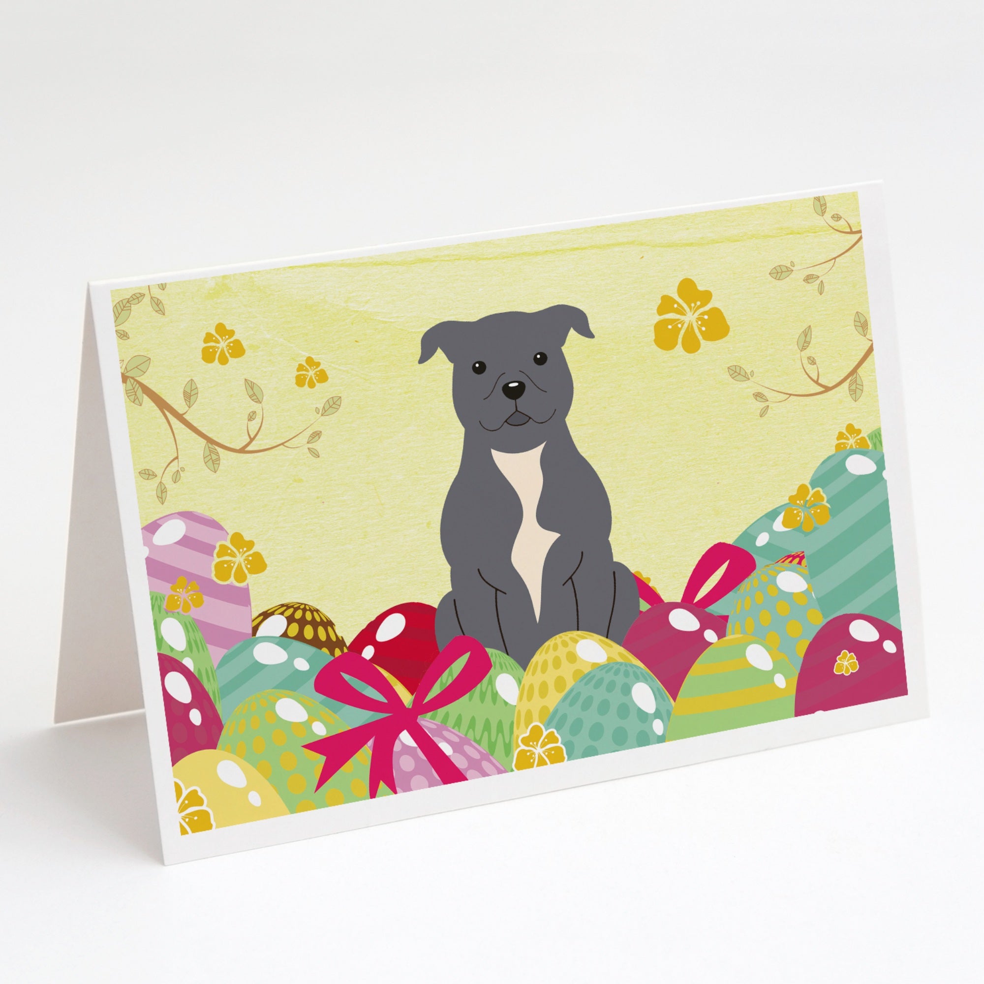 Easter Eggs Staffordshire Bull Terrier Blue Greeting Cards And Envelopes Pack Of 8