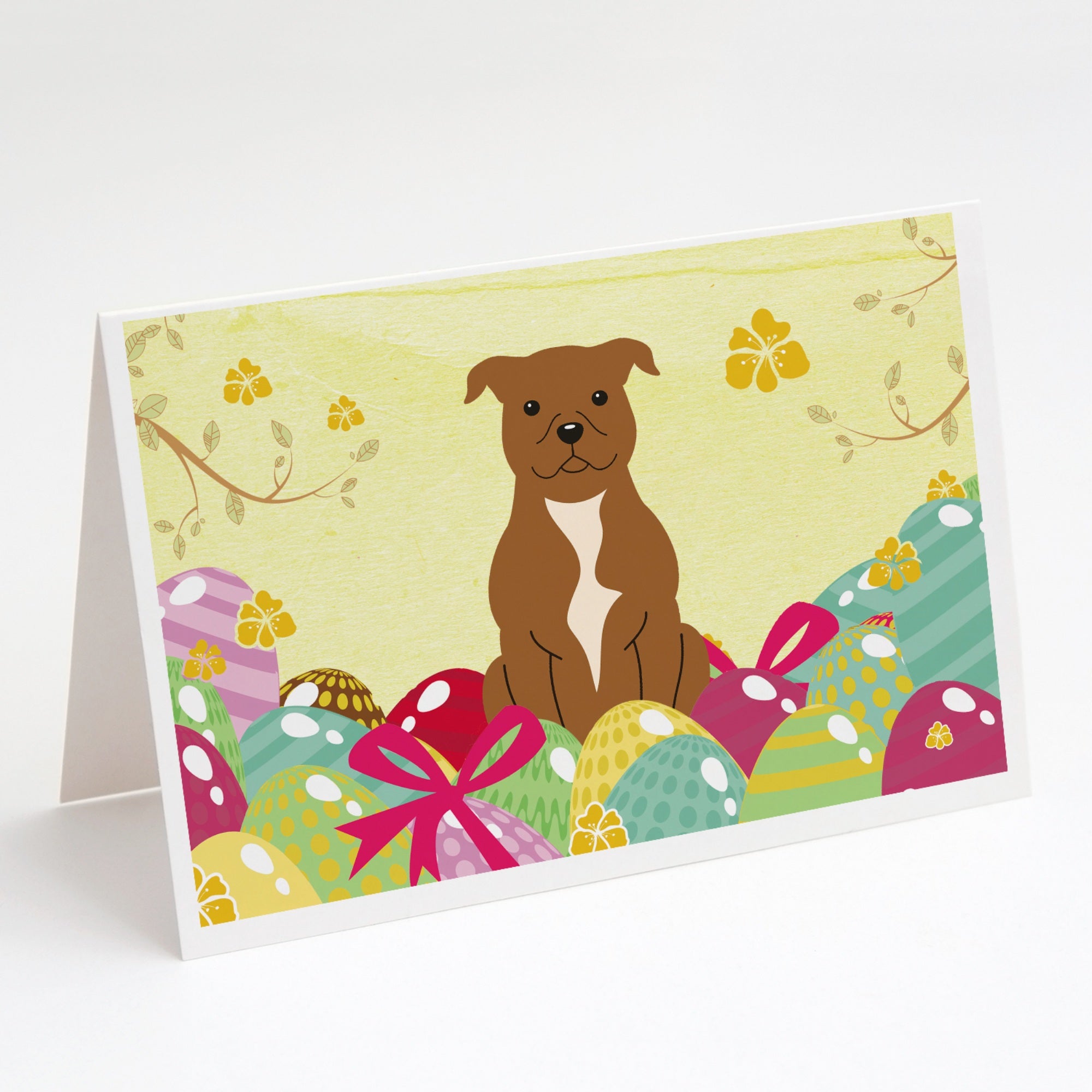 Easter Eggs Staffordshire Bull Terrier Brown Greeting Cards And Envelopes Pack Of 8