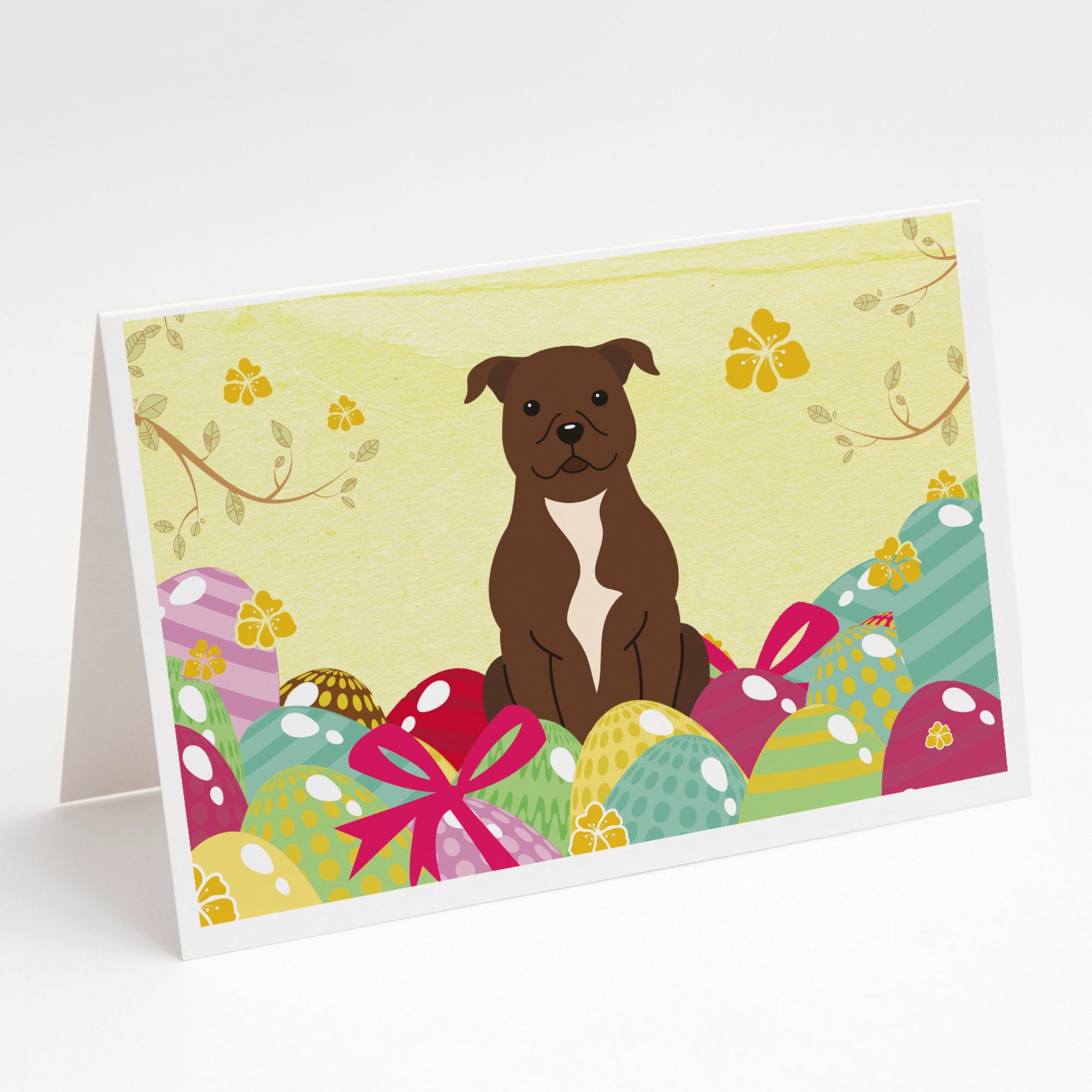 Easter Eggs Staffordshire Bull Terrier Chocolate Greeting Cards And Envelopes Pack Of 8