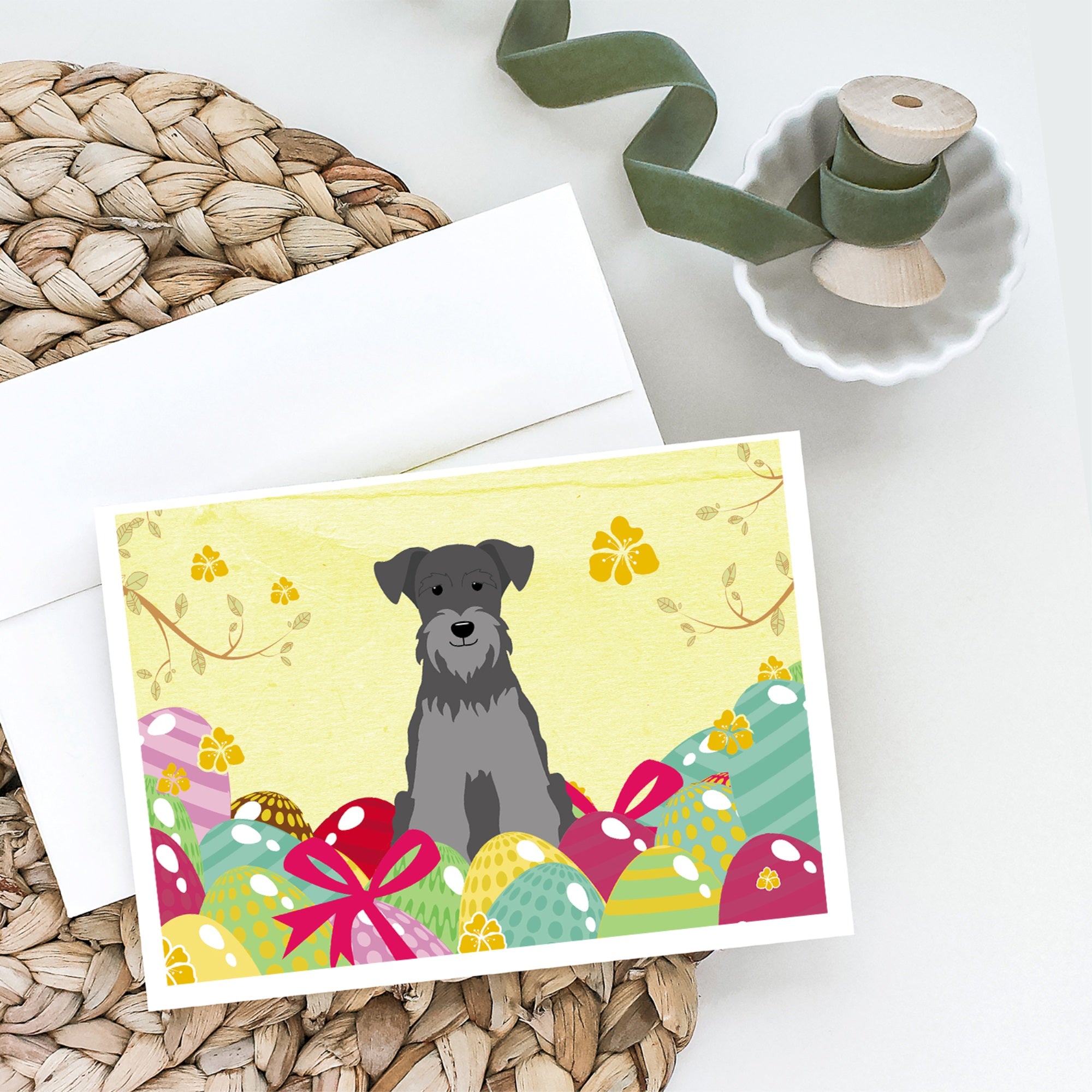 Easter Eggs Miniature Schnauzer Black Silver Greeting Cards And Envelopes Pack Of 8