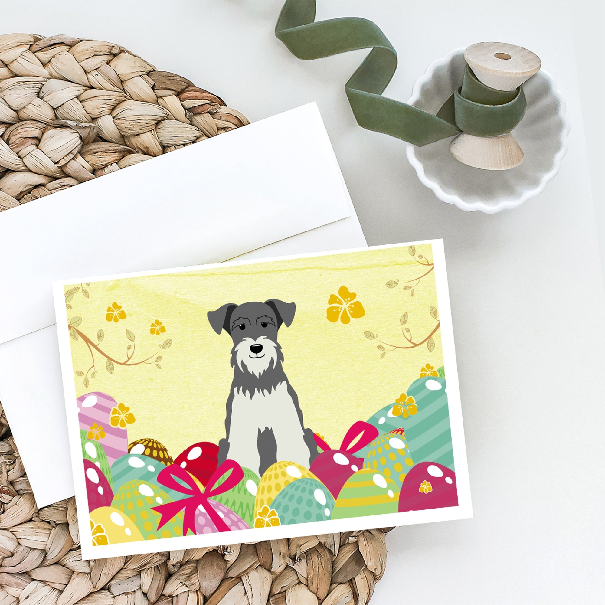 Easter Eggs Miniature Schnauzer Salt And Pepper Greeting Cards And Envelopes Pack Of 8