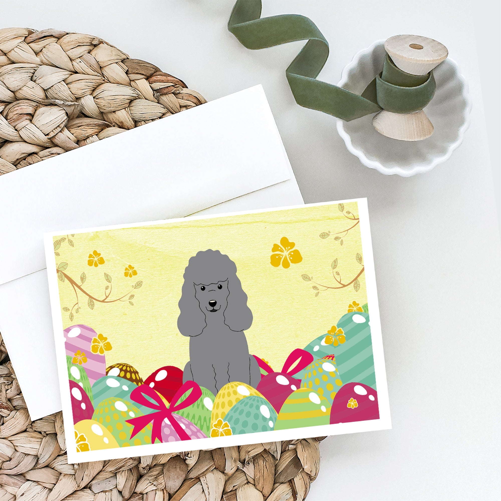 Easter Eggs Poodle Silver Greeting Cards And Envelopes Pack Of 8