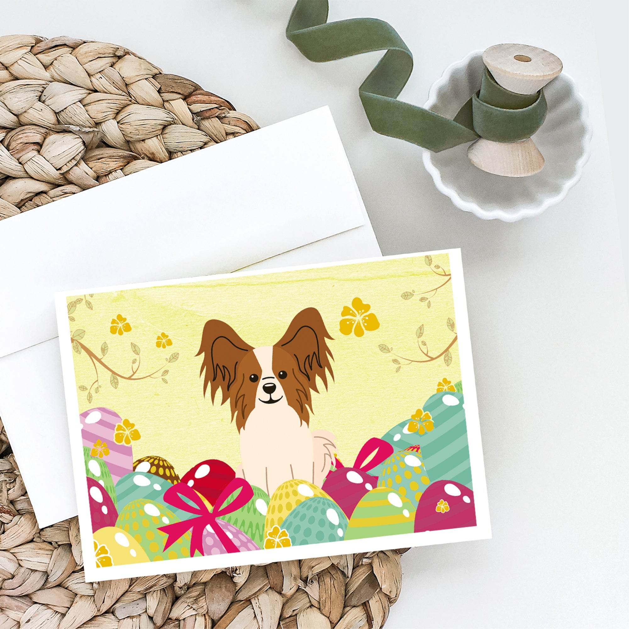 Easter Eggs Papillon Red White Greeting Cards And Envelopes Pack Of 8