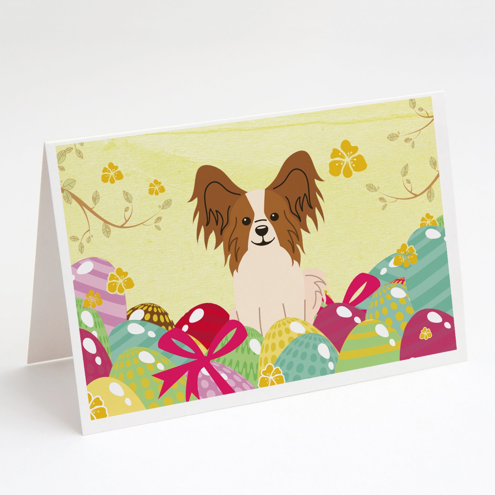 Easter Eggs Papillon Red White Greeting Cards And Envelopes Pack Of 8