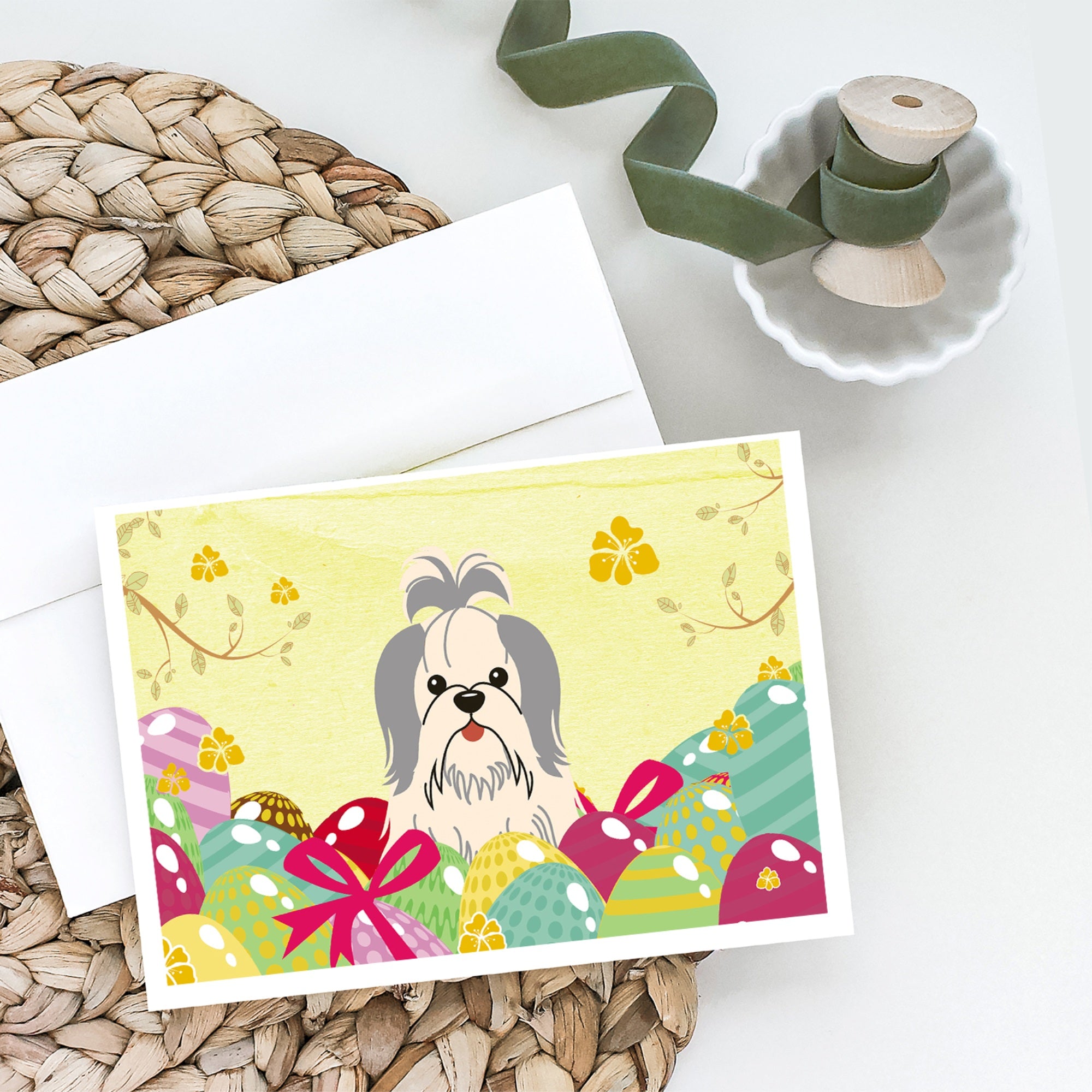 Easter Eggs Shih Tzu Silver White Greeting Cards And Envelopes Pack Of 8