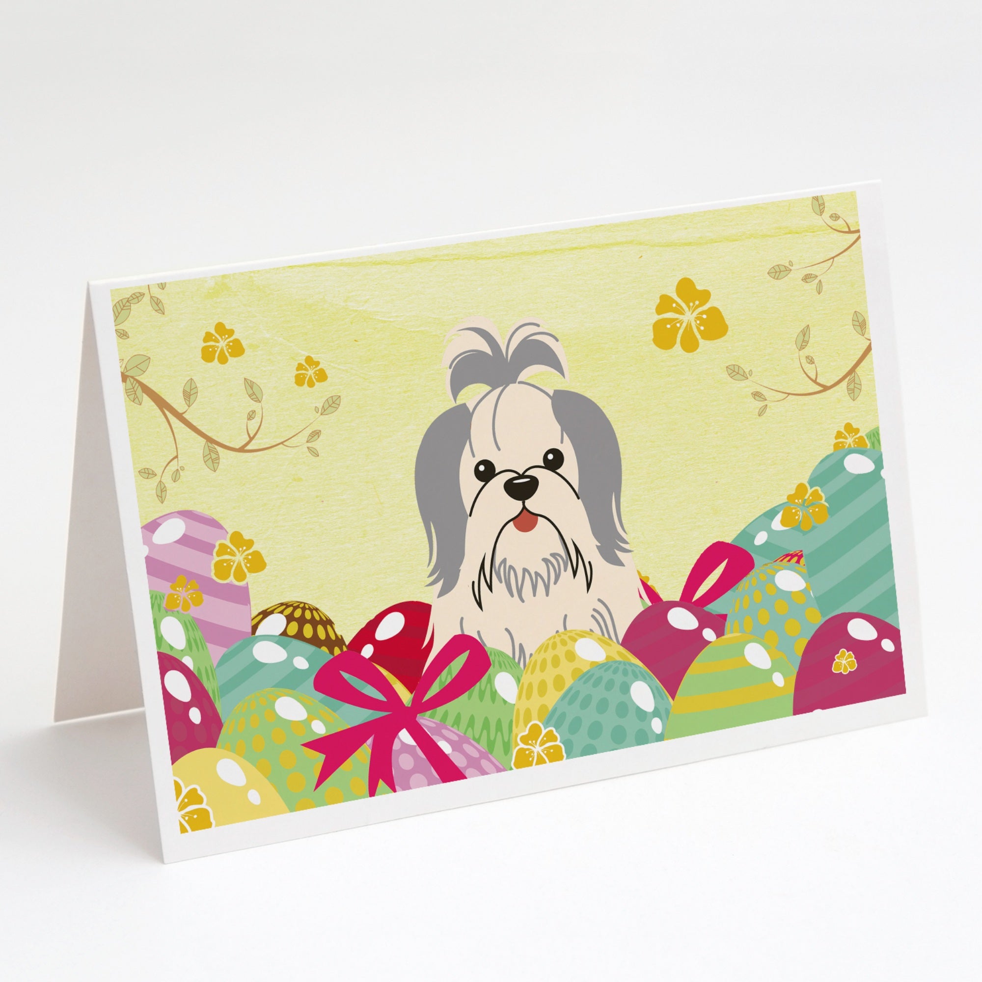 Easter Eggs Shih Tzu Silver White Greeting Cards And Envelopes Pack Of 8