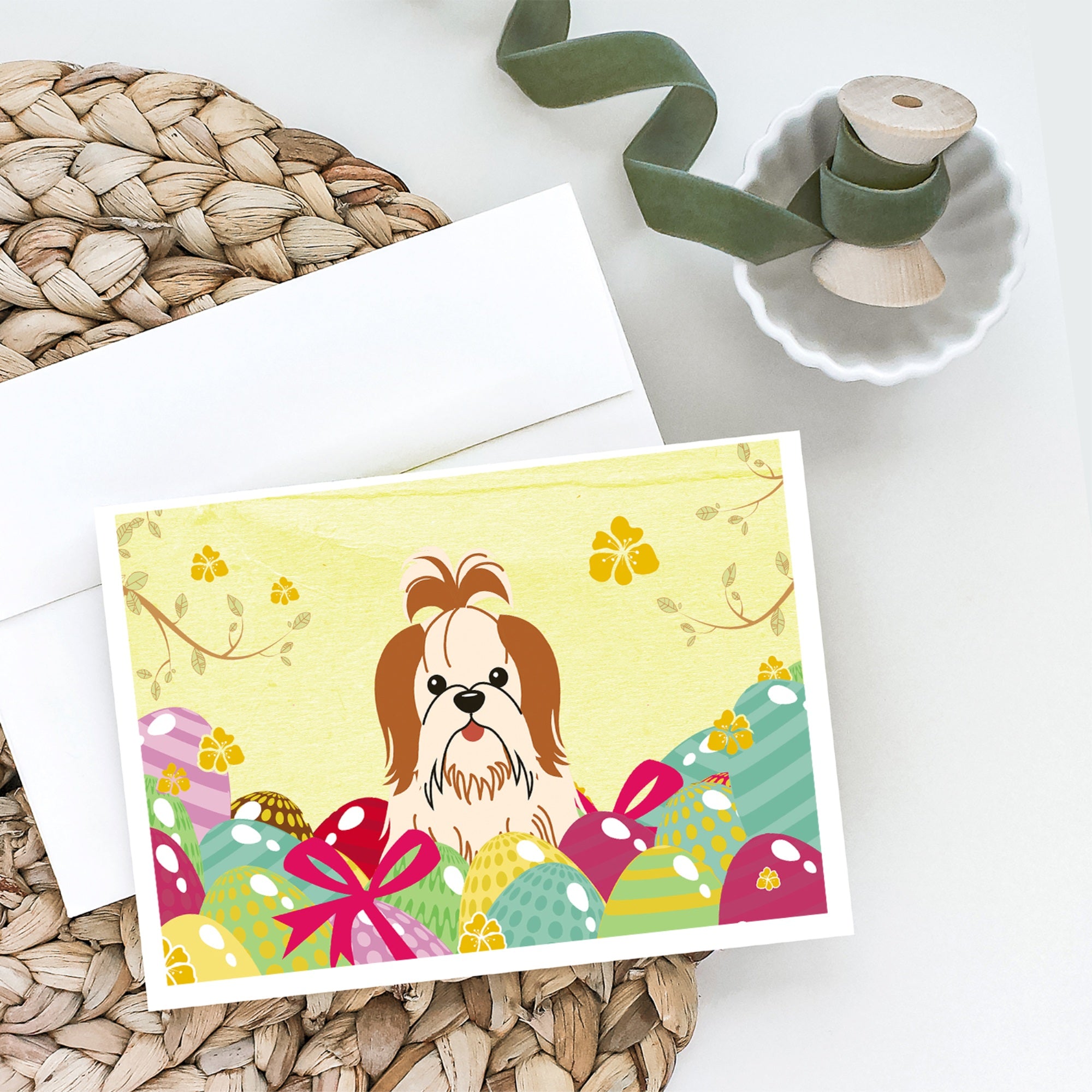 Easter Eggs Shih Tzu Red White Greeting Cards And Envelopes Pack Of 8
