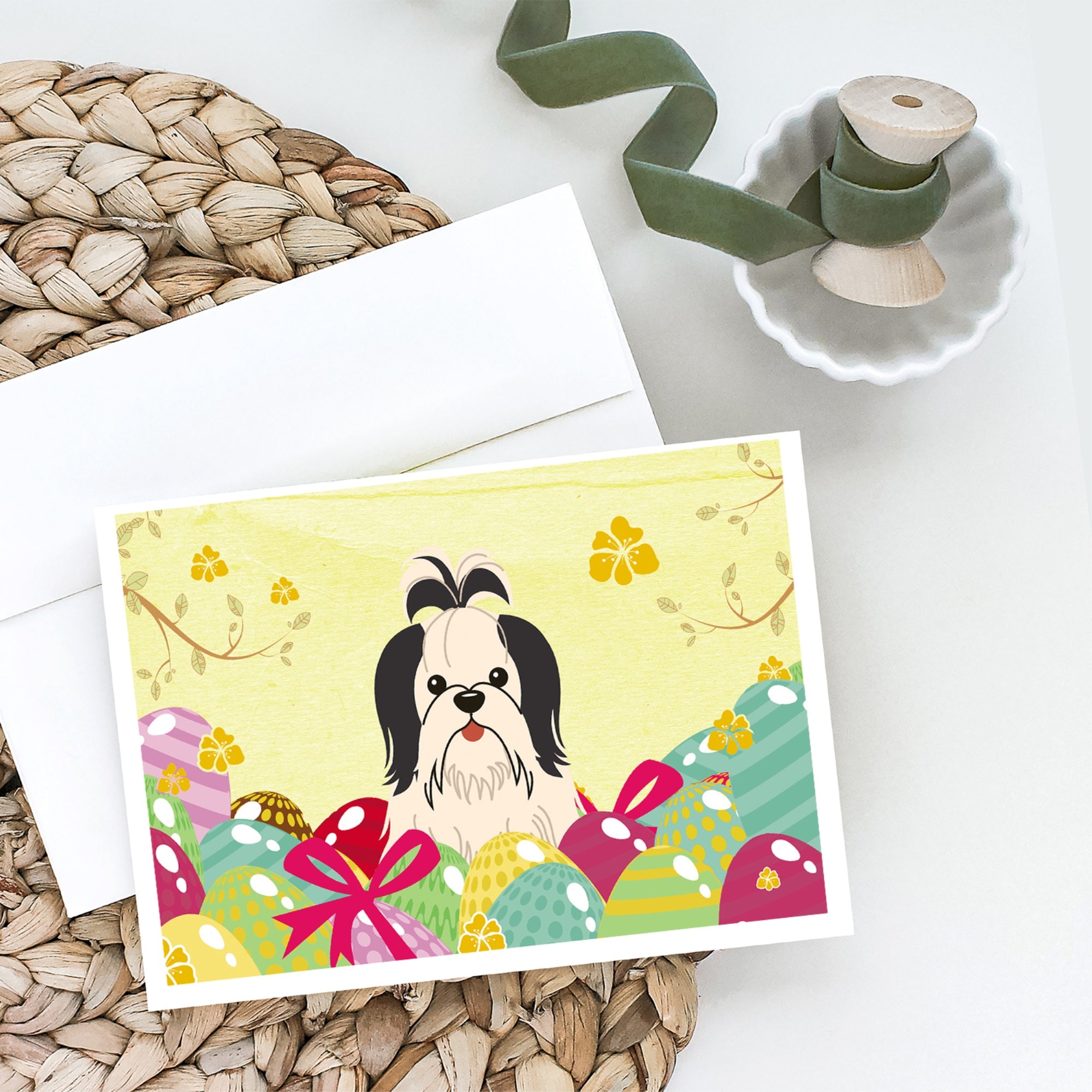Easter Eggs Shih Tzu Black White Greeting Cards And Envelopes Pack Of 8