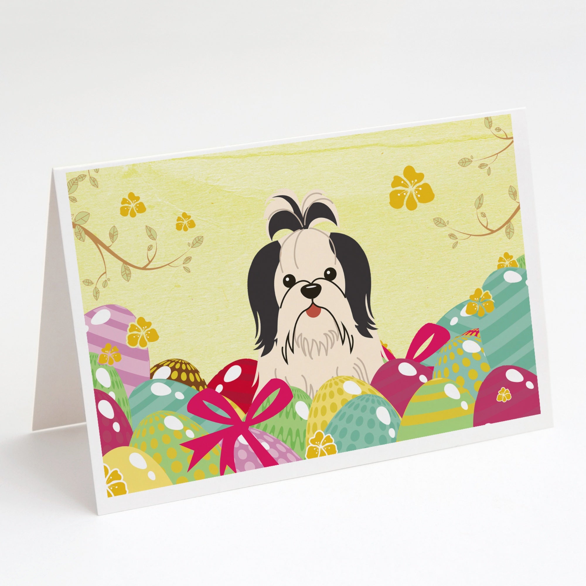 Easter Eggs Shih Tzu Black White Greeting Cards And Envelopes Pack Of 8