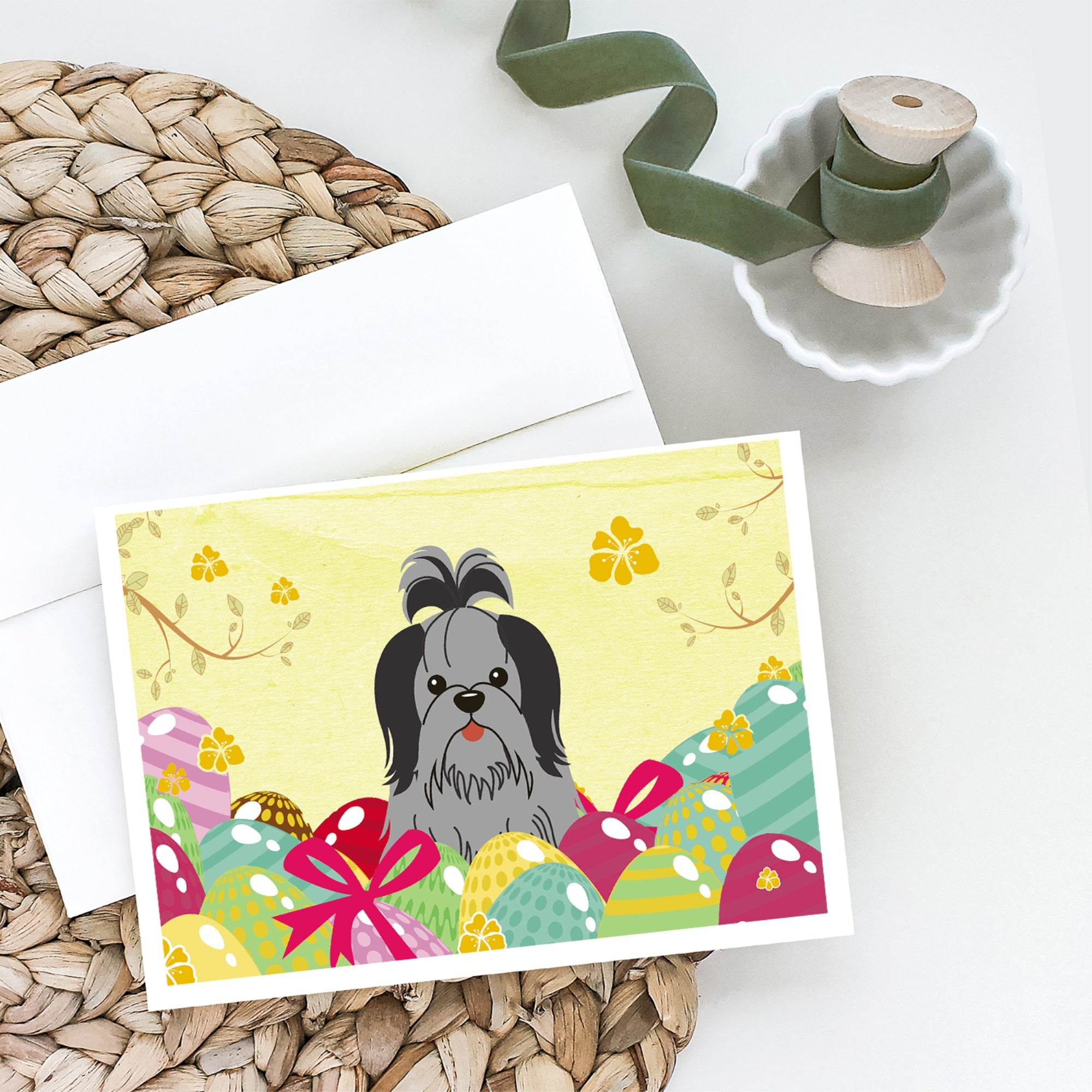 Easter Eggs Shih Tzu Black Silver Greeting Cards And Envelopes Pack Of 8