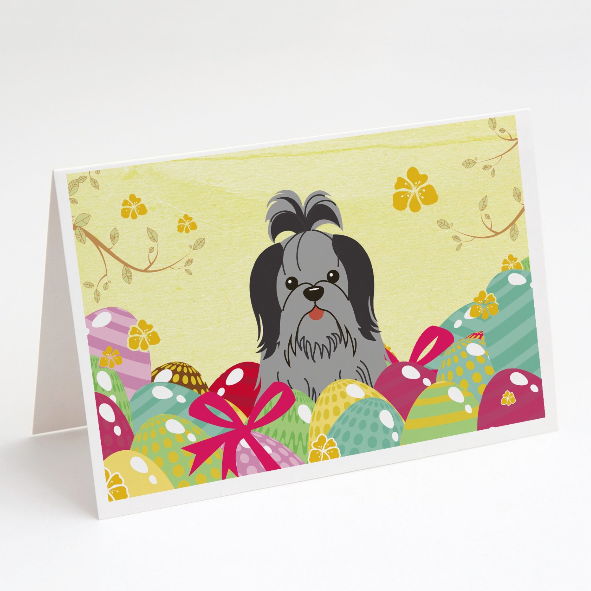Easter Eggs Shih Tzu Black Silver Greeting Cards And Envelopes Pack Of 8