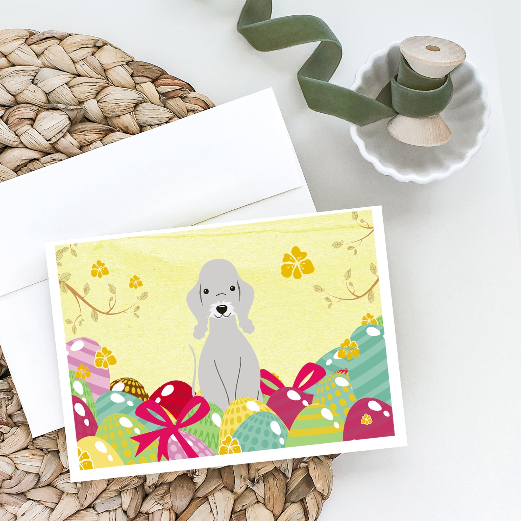 Easter Eggs Bedlington Terrier Blue Greeting Cards And Envelopes Pack Of 8