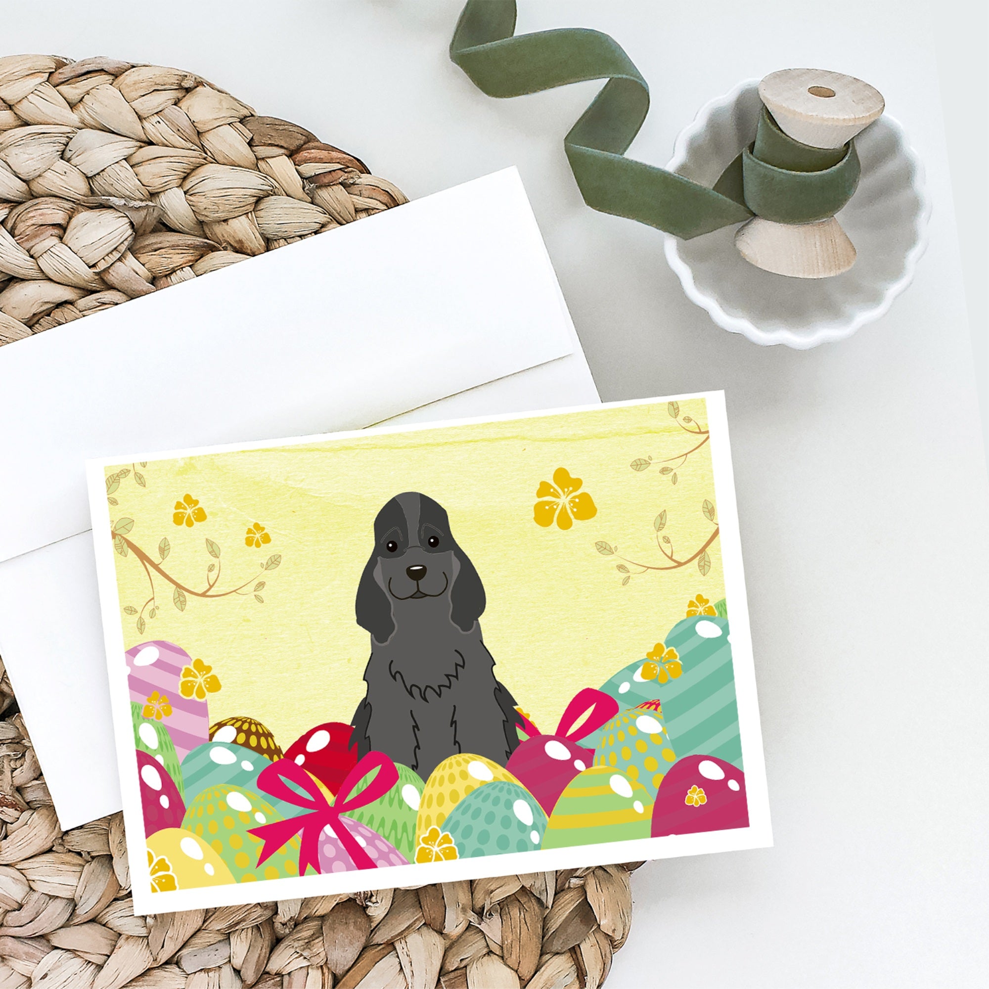Easter Eggs Cocker Spaniel Black Greeting Cards And Envelopes Pack Of 8