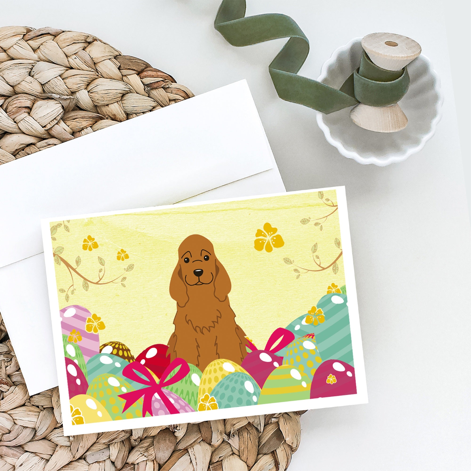 Easter Eggs Cocker Spaniel Red Greeting Cards And Envelopes Pack Of 8
