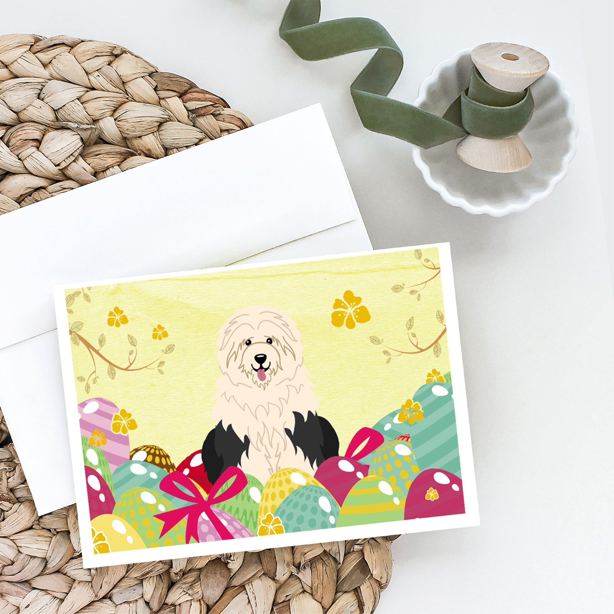 Easter Eggs Old English Sheepdog Greeting Cards And Envelopes Pack Of 8