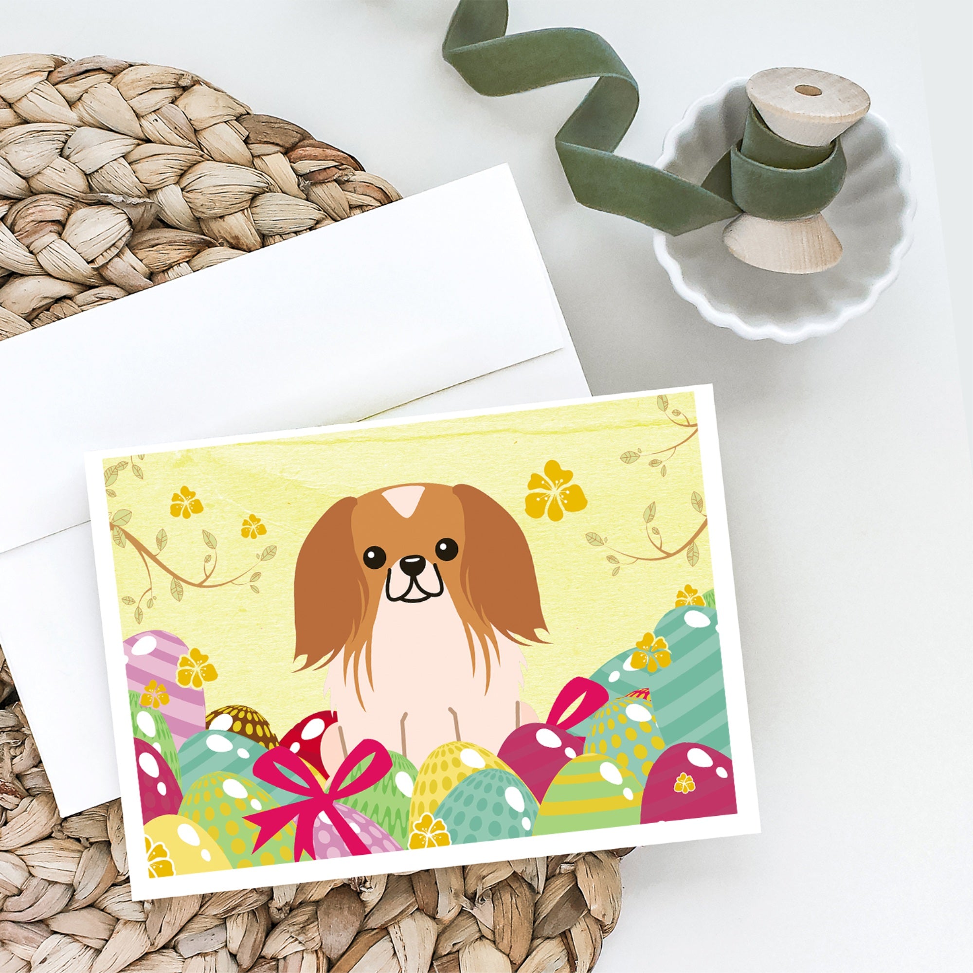 Easter Eggs Pekingese Red White Greeting Cards And Envelopes Pack Of 8