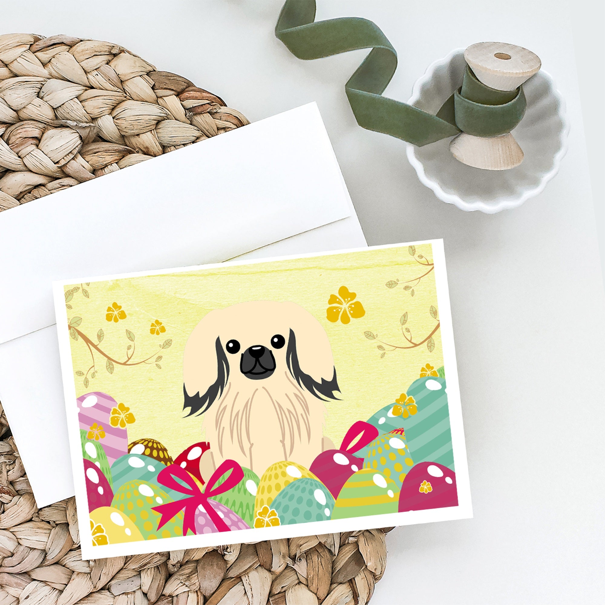 Easter Eggs Pekingese Cream Greeting Cards And Envelopes Pack Of 8