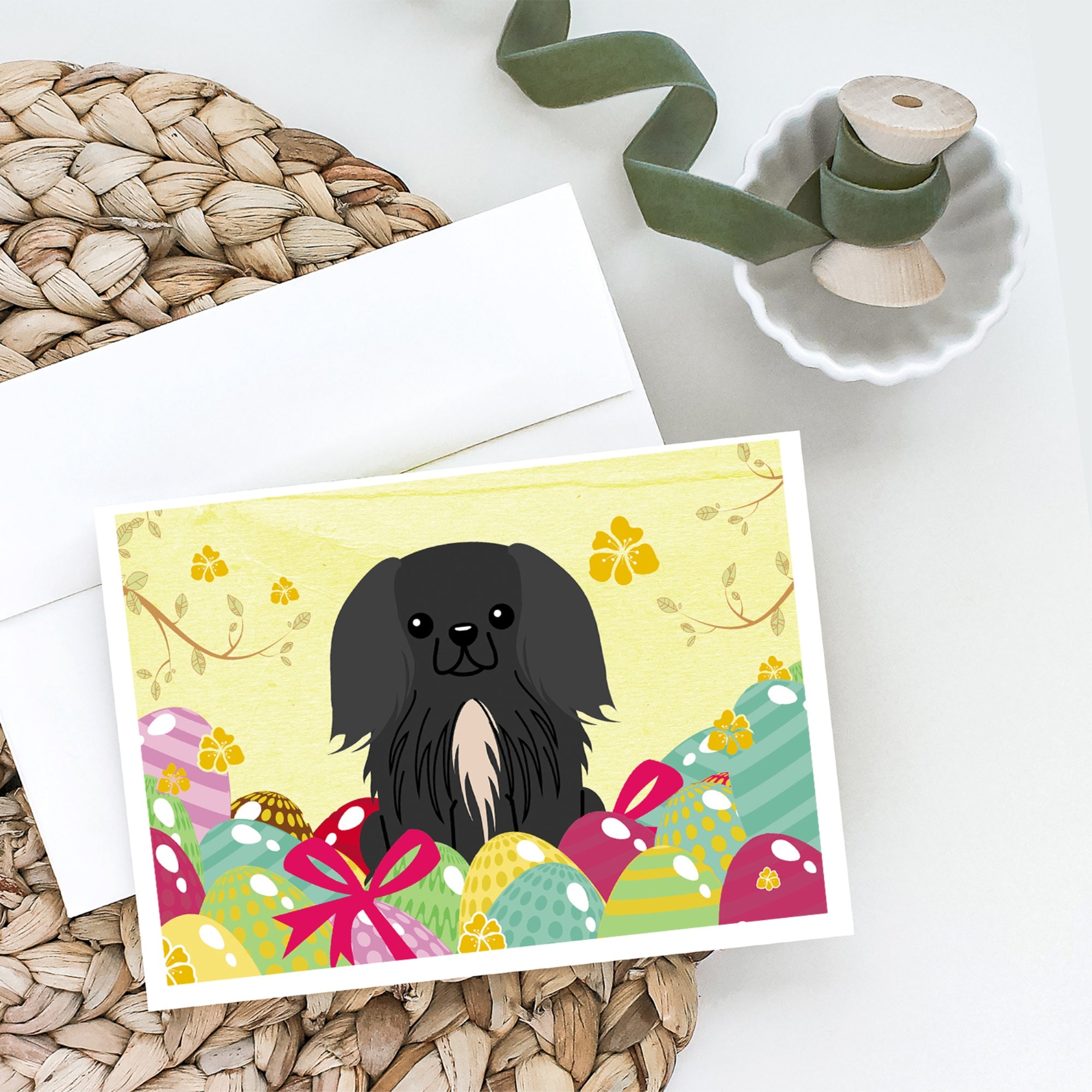 Easter Eggs Pekingese Black Greeting Cards And Envelopes Pack Of 8
