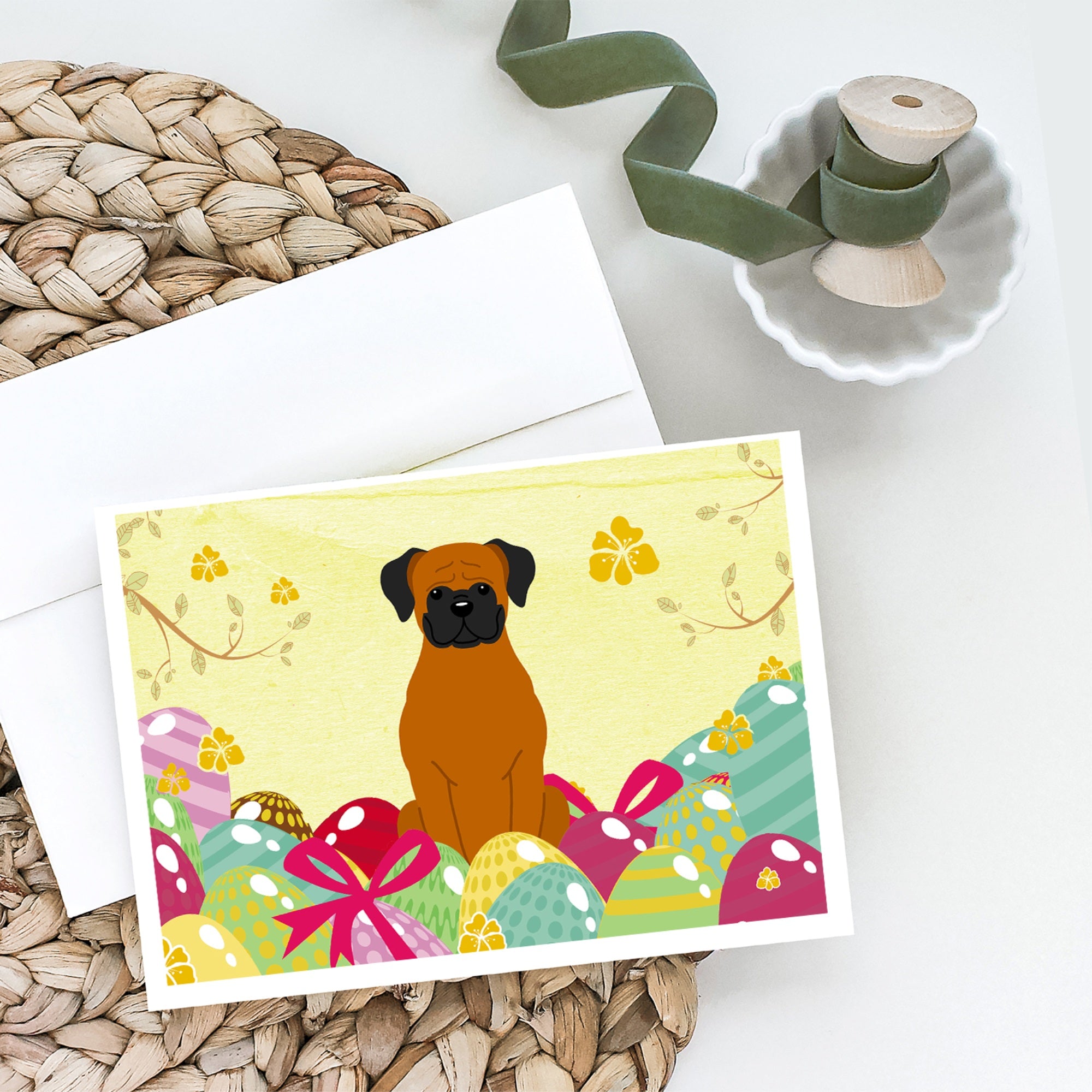 Easter Eggs Fawn Boxer Greeting Cards And Envelopes Pack Of 8