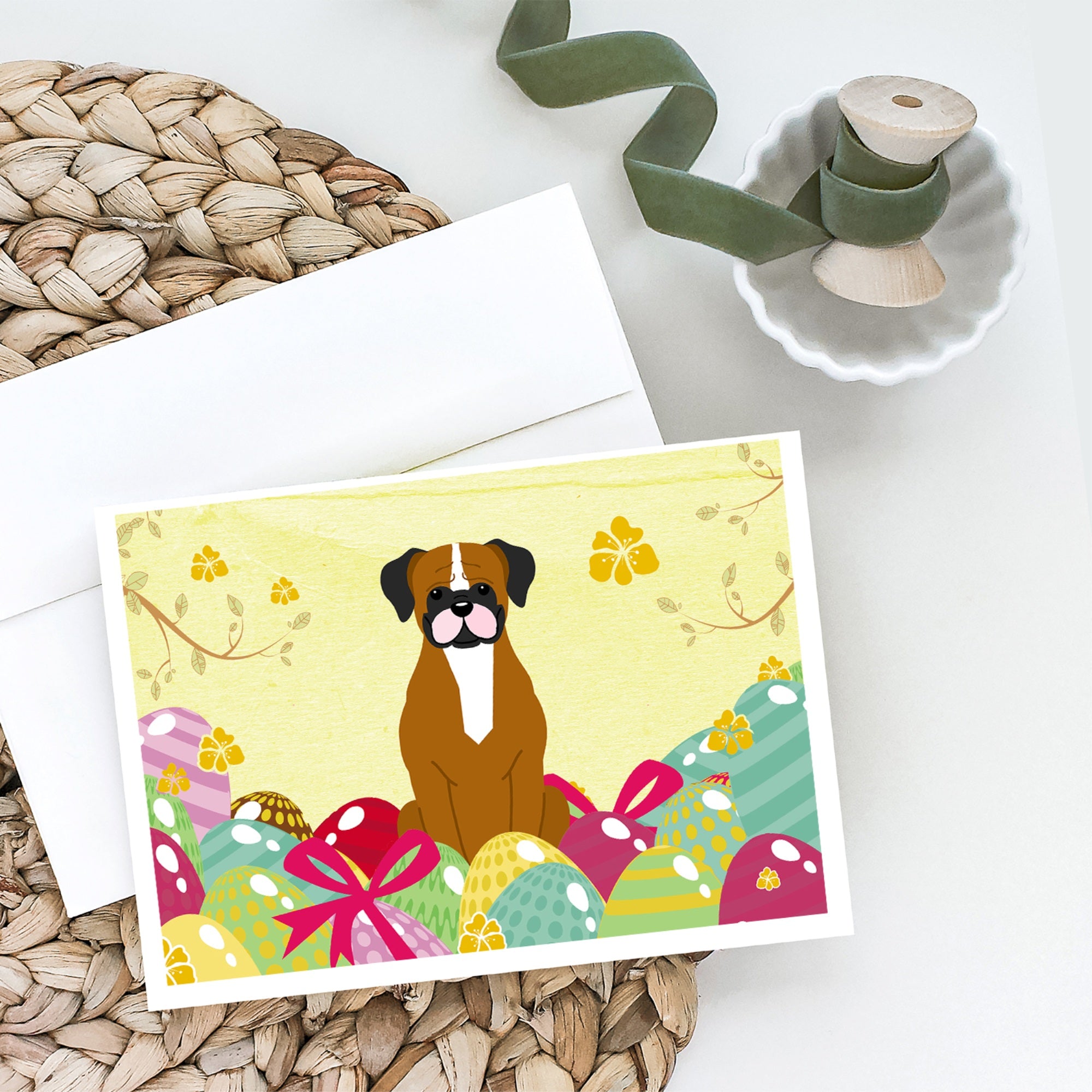 Easter Eggs Flashy Fawn Boxer Greeting Cards And Envelopes Pack Of 8